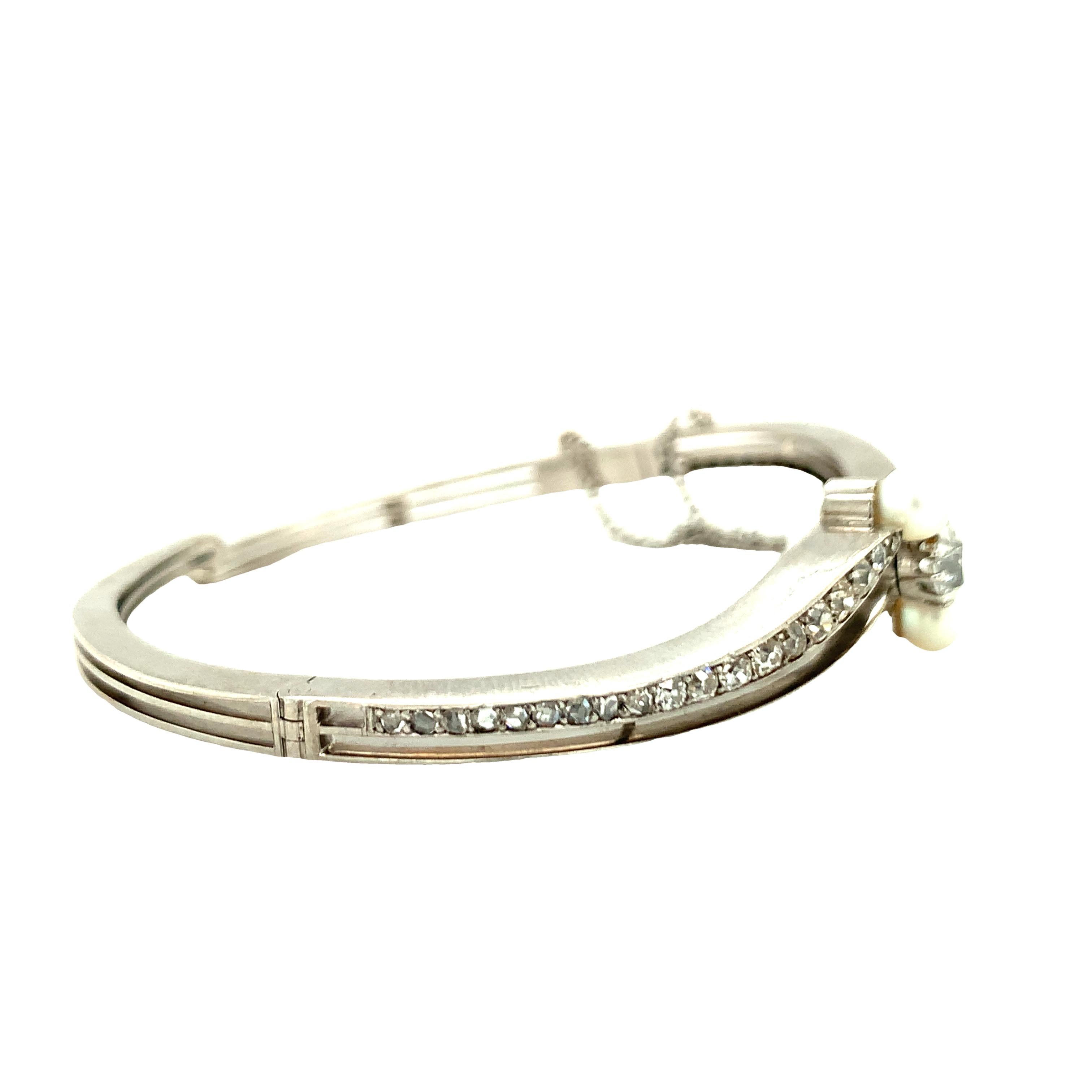 Old European Cut Victorian 14K White Gold Diamond and Pearl Bangle For Sale