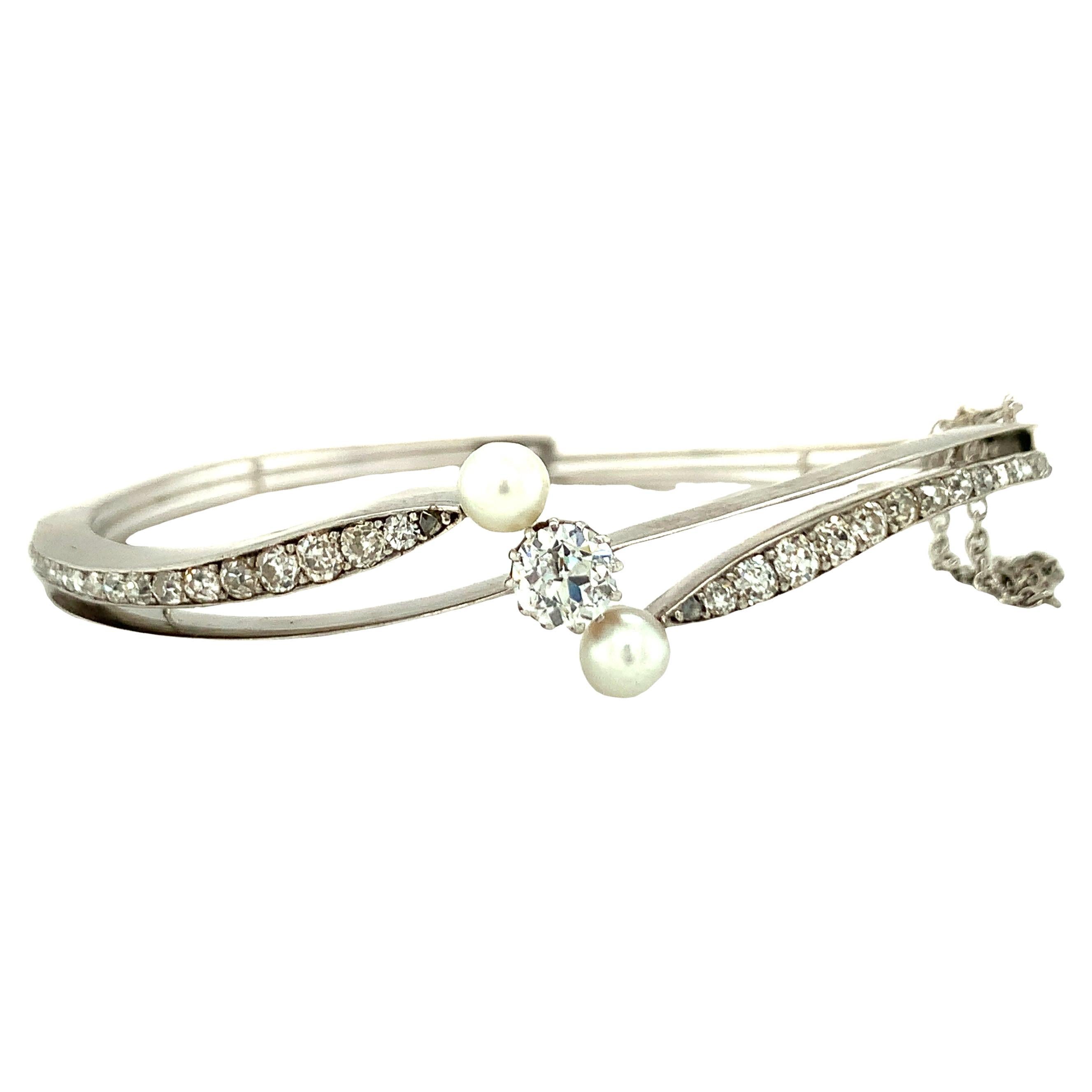Victorian 14K White Gold Diamond and Pearl Bangle For Sale
