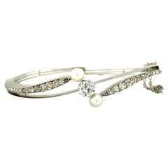 Victorian 14K White Gold Diamond and Pearl Bangle