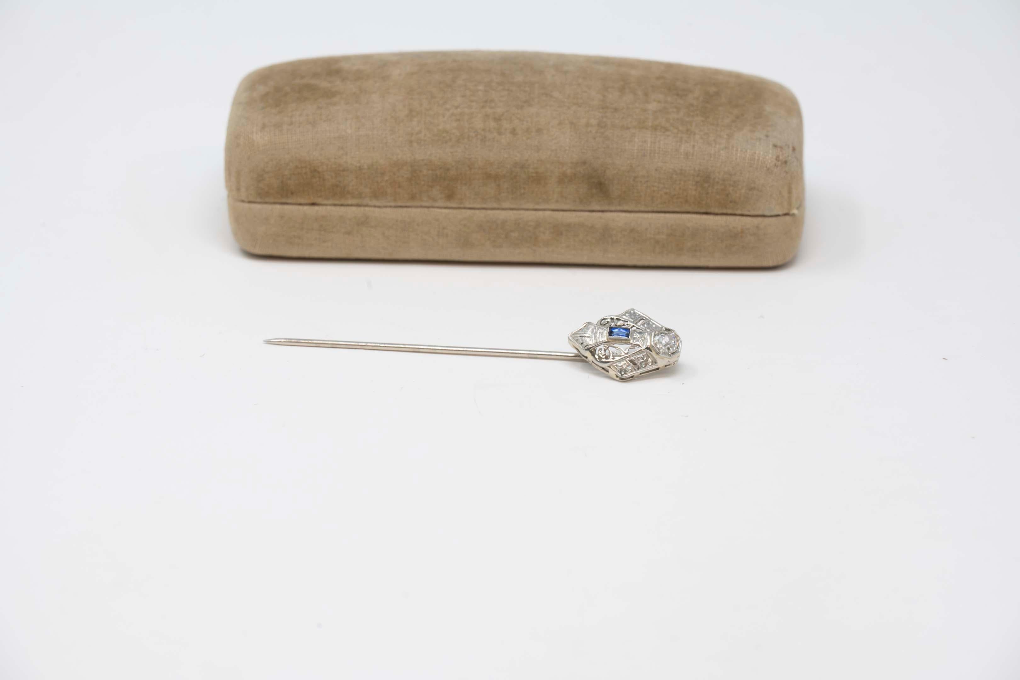 Old European Cut Victorian 14k White Gold Diamond and Sapphire Pin For Sale