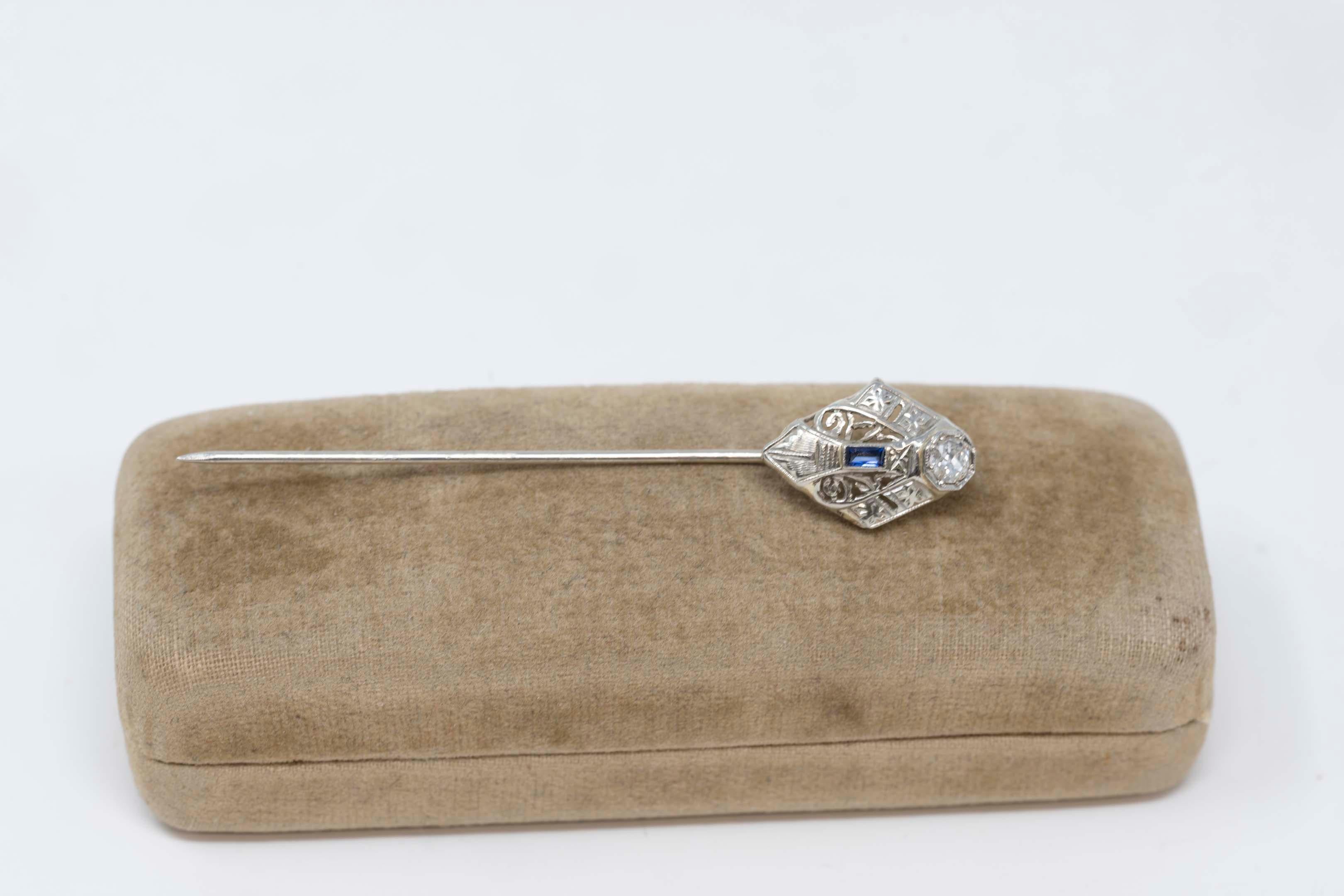 Women's Victorian 14k White Gold Diamond and Sapphire Pin For Sale