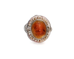 Victorian 14K White Gold Filigree Ring, Scarab Carved Carnelian Seed Pearl Halo