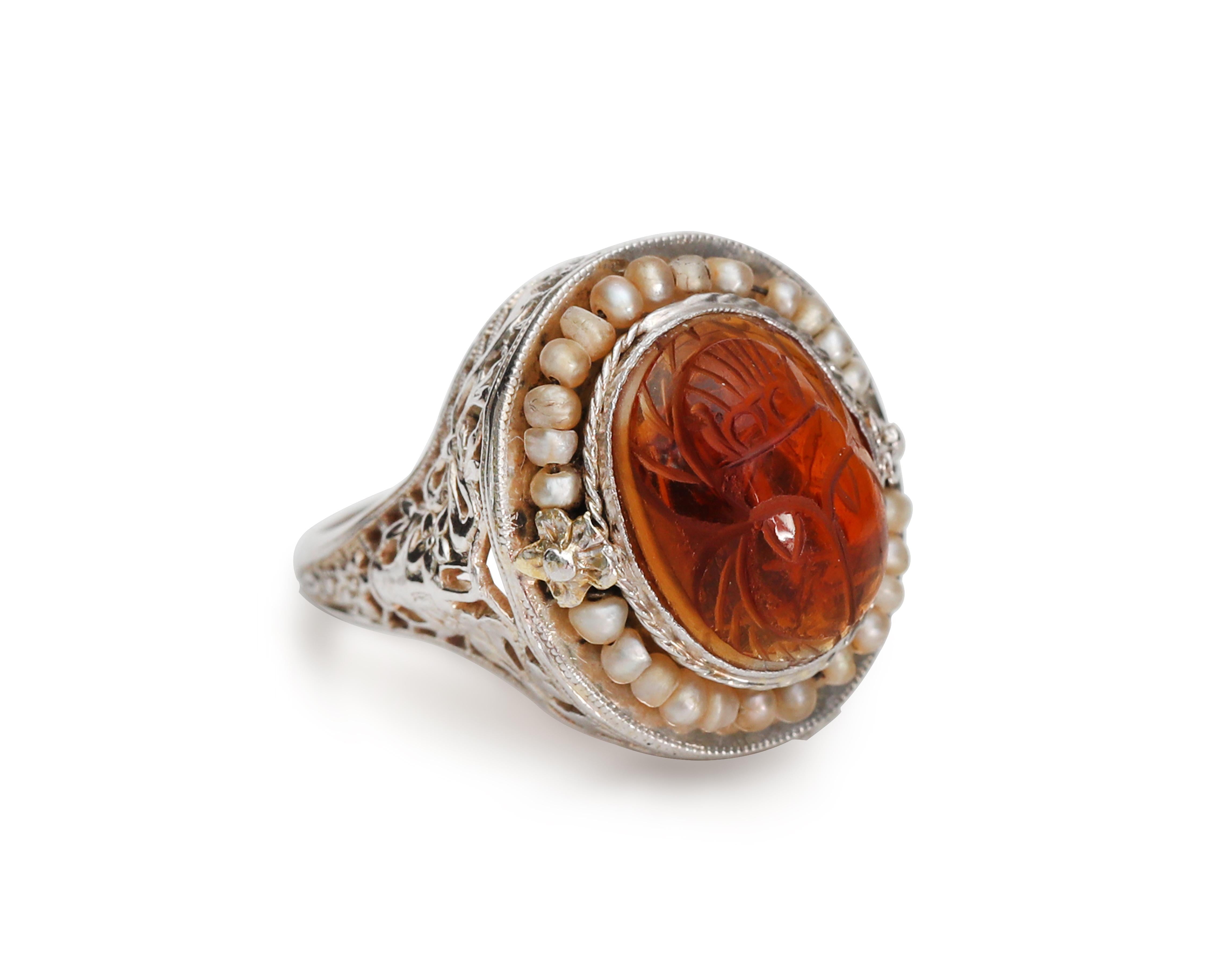 Late Victorian Victorian 14K White Gold Filigree Ring, Scarab Carved Carnelian Seed Pearl Halo