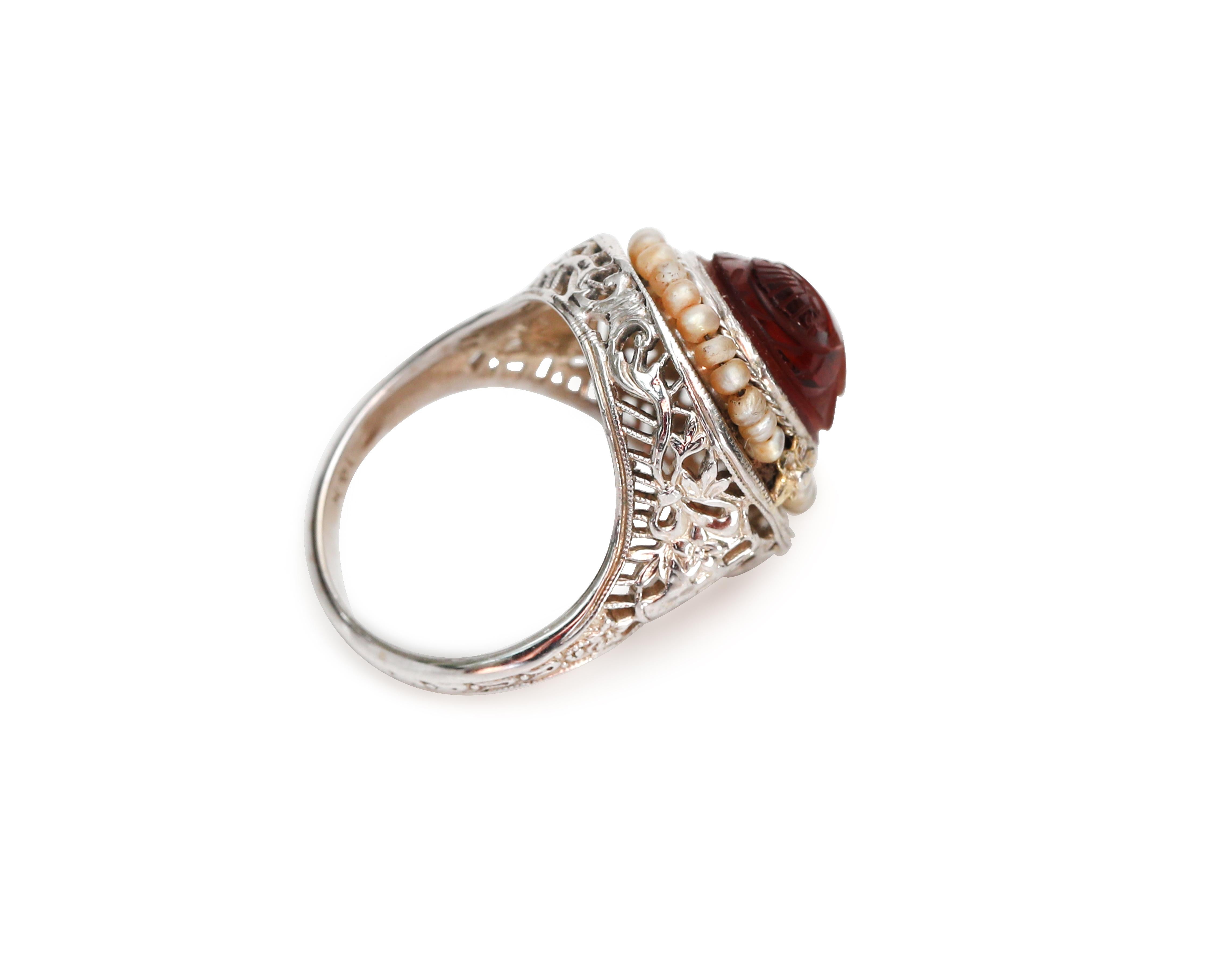 Victorian 14K White Gold Filigree Ring, Scarab Carved Carnelian Seed Pearl Halo In Good Condition In Addison, TX