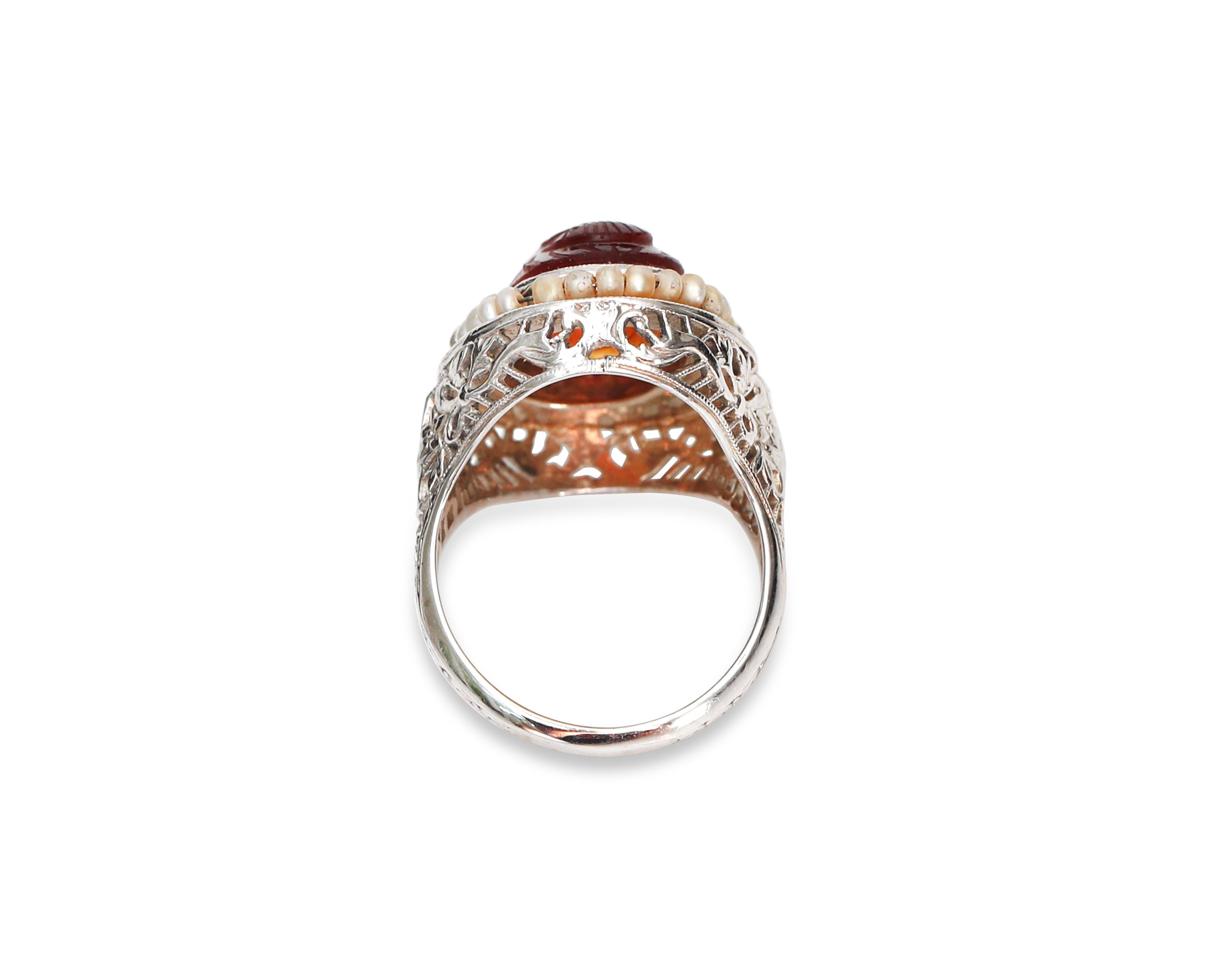 Women's Victorian 14K White Gold Filigree Ring, Scarab Carved Carnelian Seed Pearl Halo