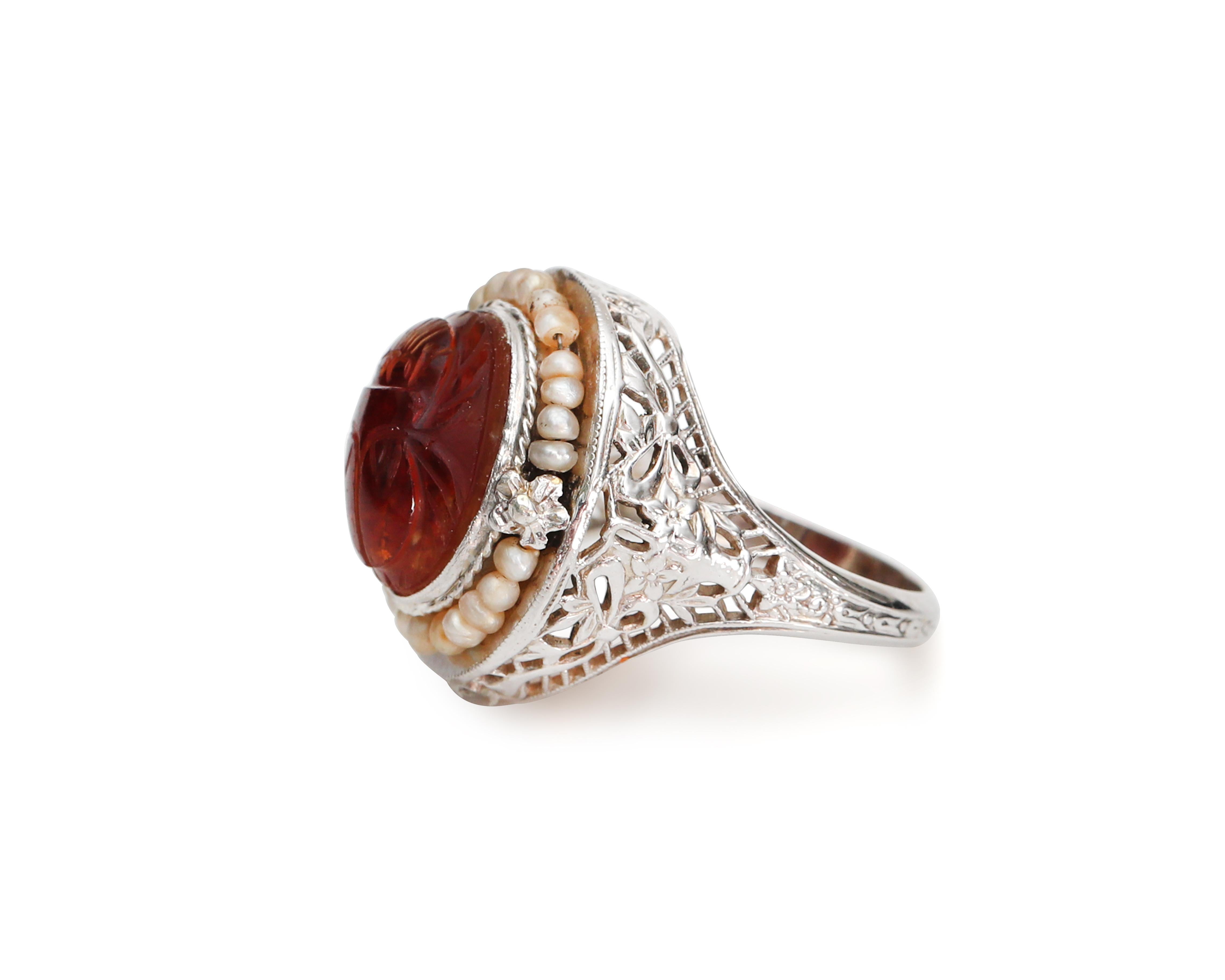 Victorian 14K White Gold Filigree Ring, Scarab Carved Carnelian Seed Pearl Halo 1