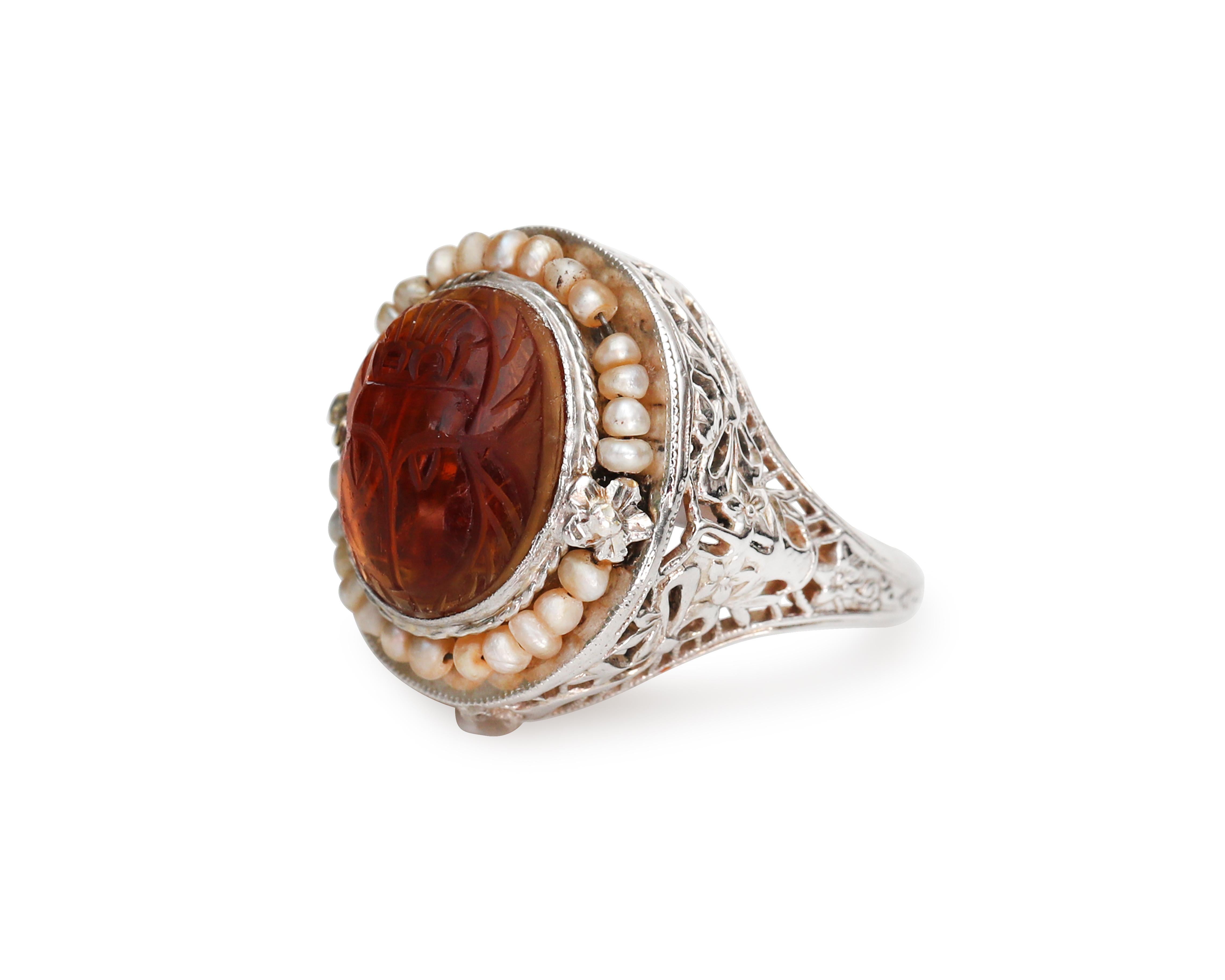 Victorian 14K White Gold Filigree Ring, Scarab Carved Carnelian Seed Pearl Halo 2