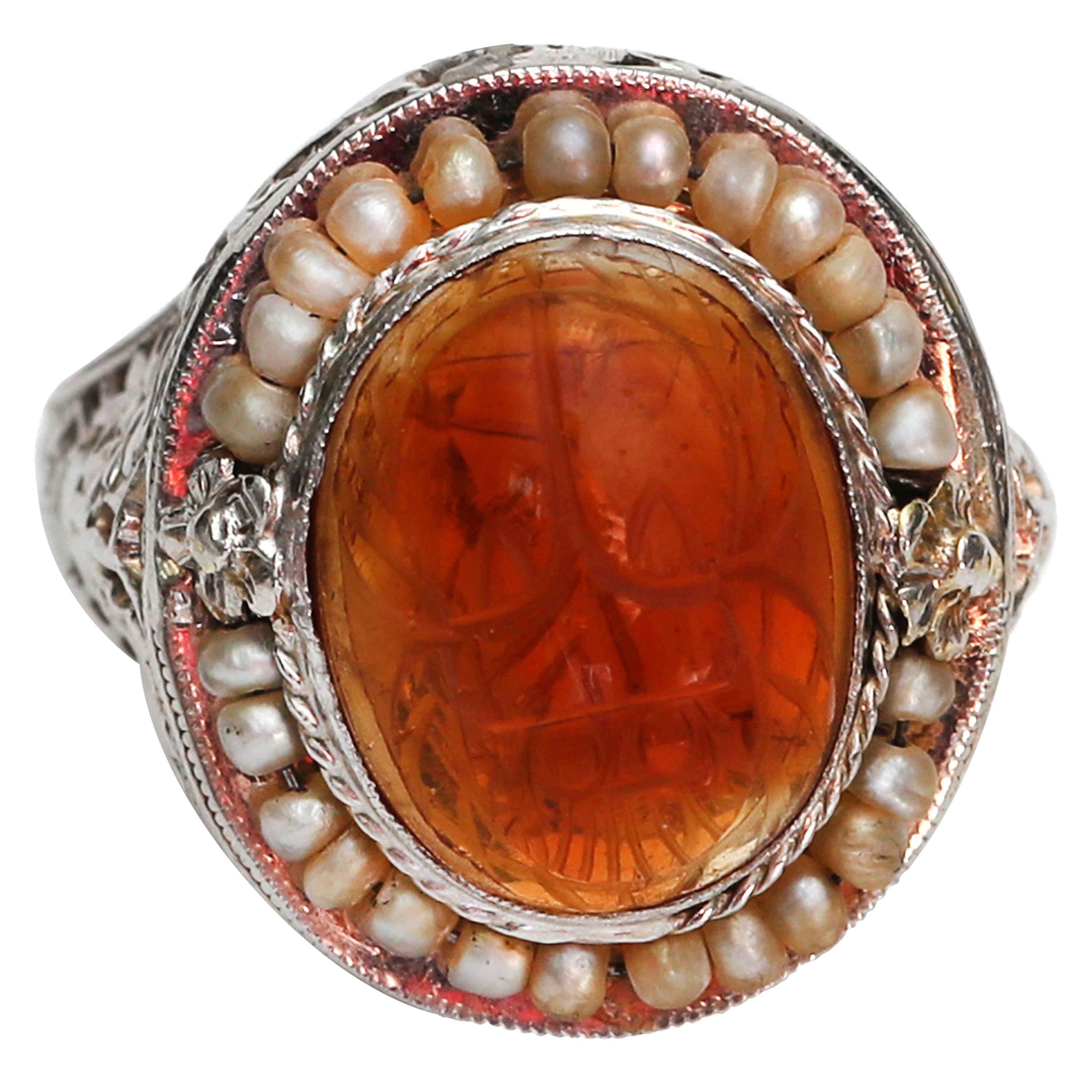Victorian 14K White Gold Filigree Ring, Scarab Carved Carnelian Seed Pearl Halo