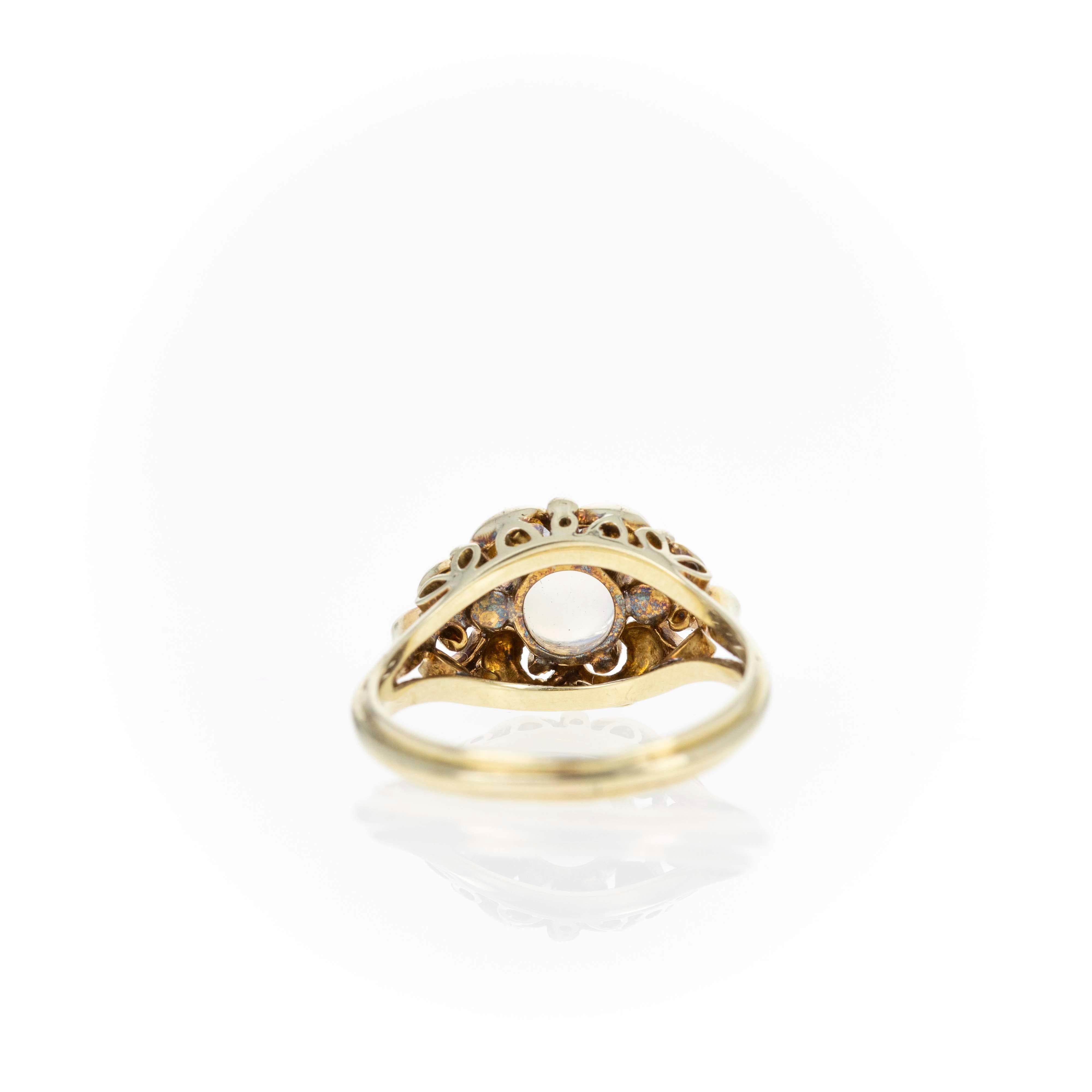 Cabochon Victorian 14K Yellow Gold 1 Carat Moonstone Rose Cut Diamond Ring For Sale