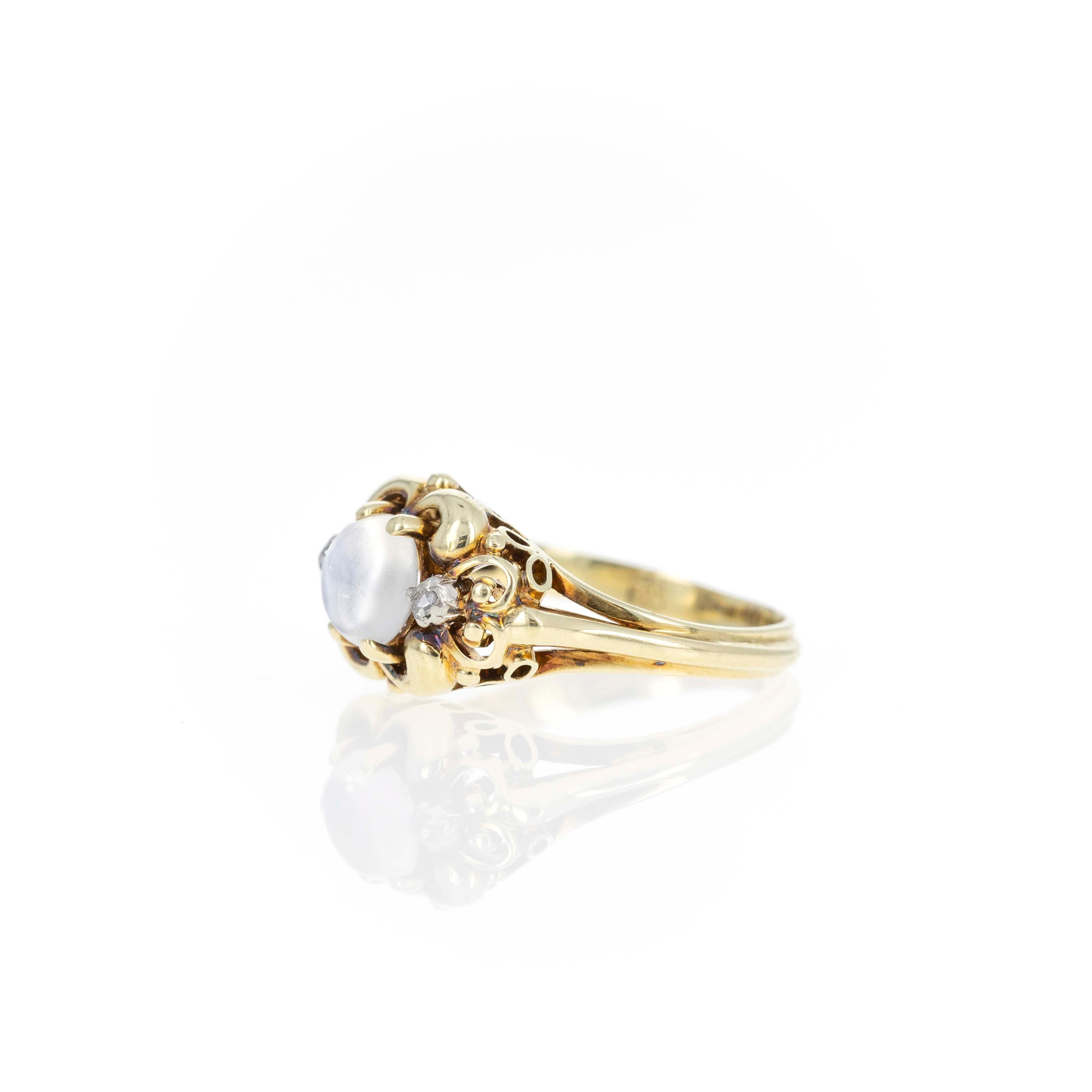 Victorian 14K Yellow Gold 1 Carat Moonstone Rose Cut Diamond Ring In Excellent Condition For Sale In Cape May, NJ