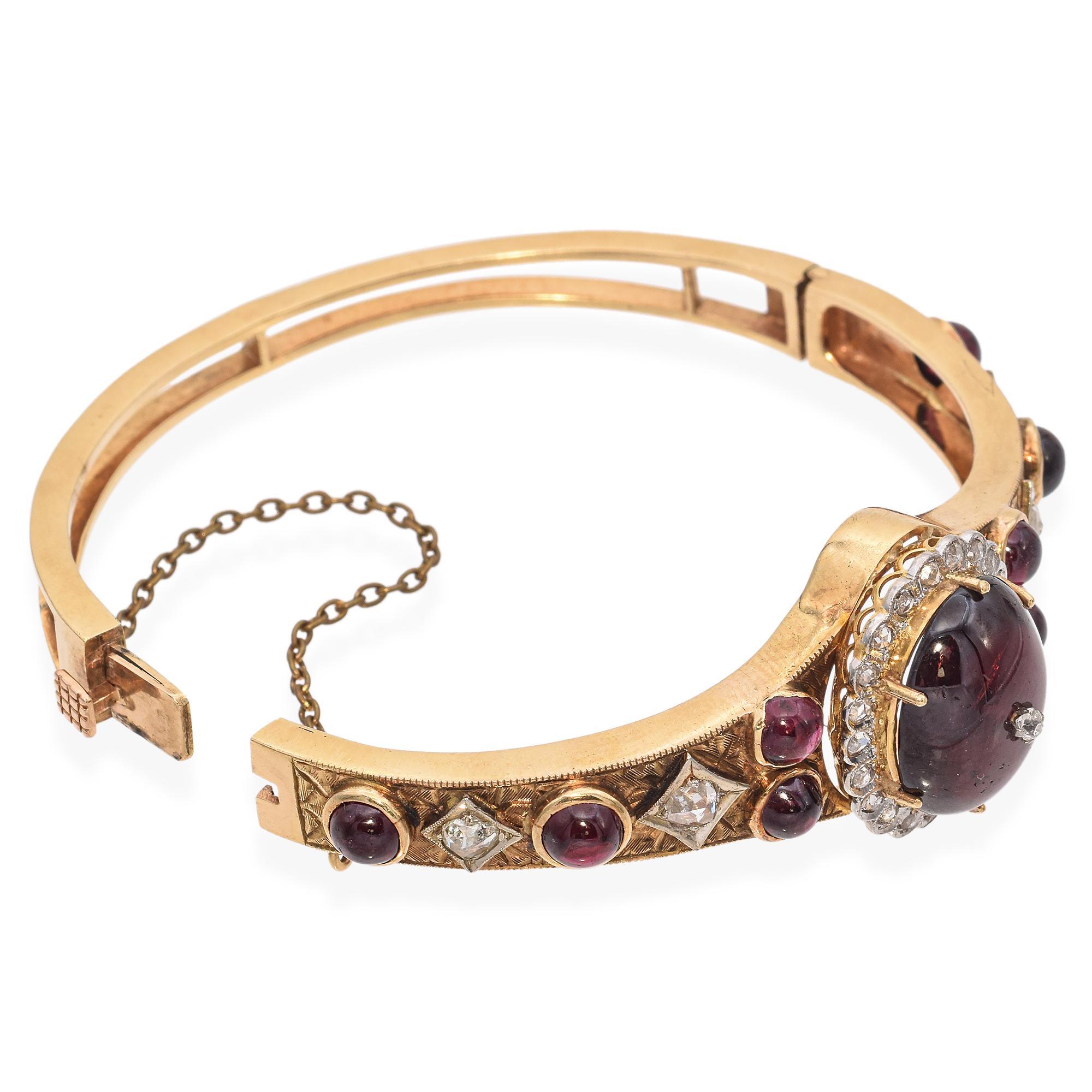 Women's Victorian 14K Yellow Gold 16.03 TCW Garnet & Rose Cut Diamond Bangle Bracelet For Sale