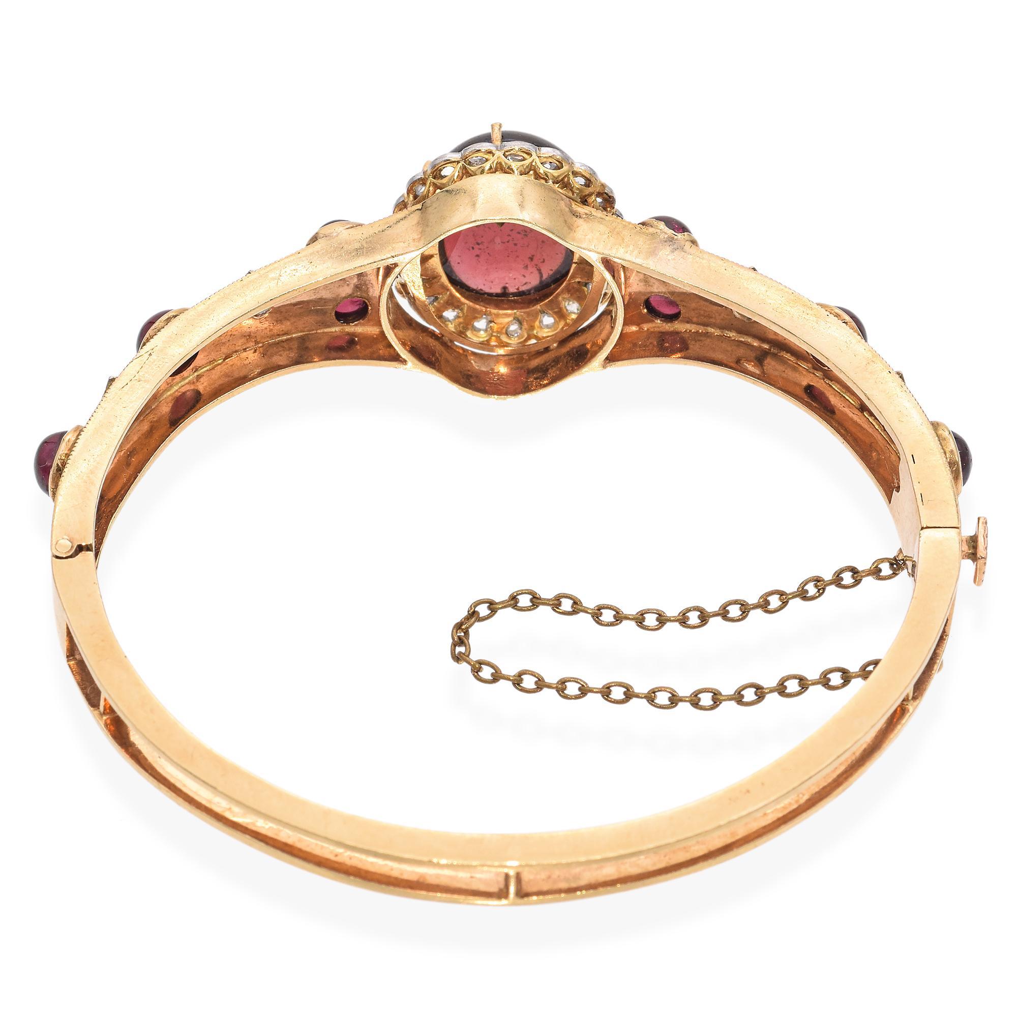 Victorian 14K Yellow Gold 16.03 TCW Garnet & Rose Cut Diamond Bangle Bracelet For Sale 1