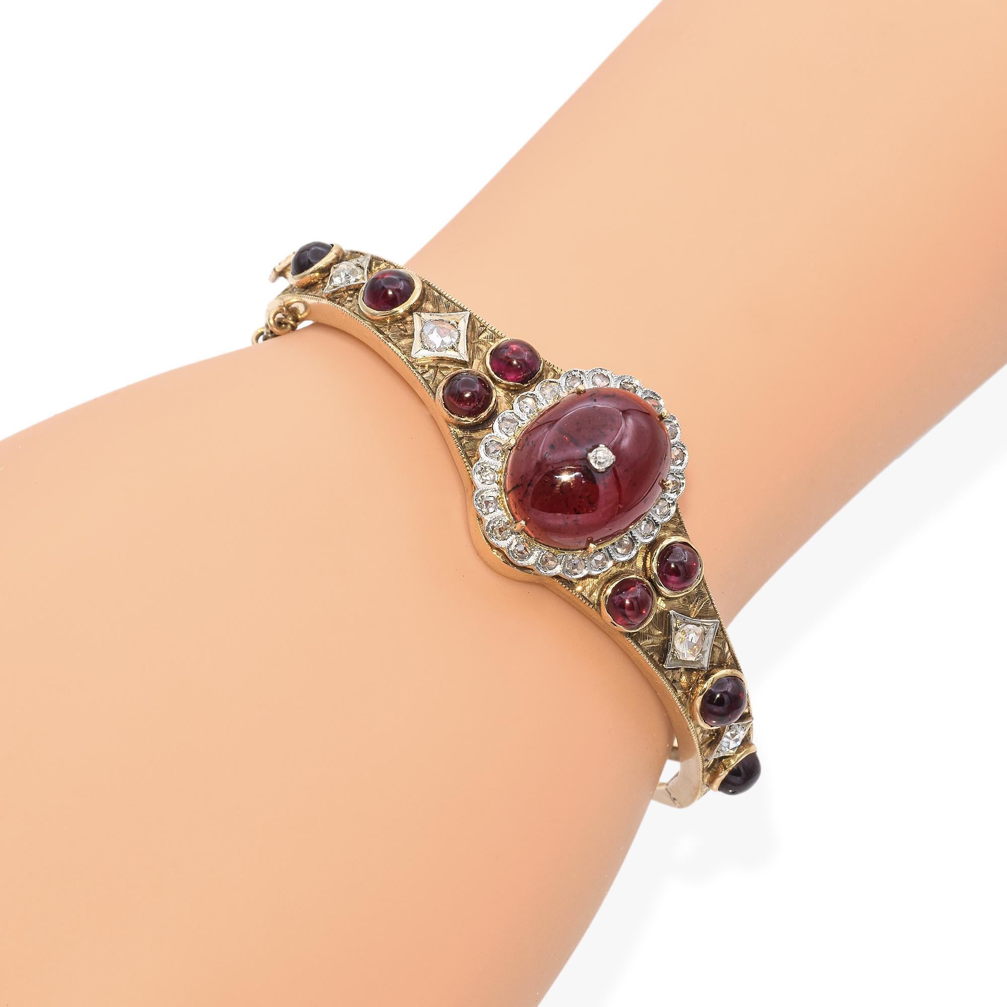 Victorian 14K Yellow Gold 16.03 TCW Garnet & Rose Cut Diamond Bangle Bracelet For Sale 3