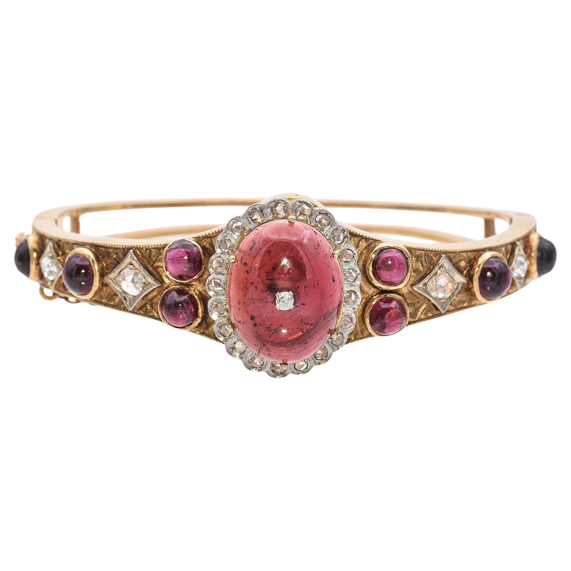 Victorian 14K Yellow Gold 16.03 TCW Garnet & Rose Cut Diamond Bangle Bracelet