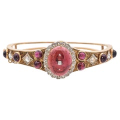Brazalete victoriano de oro amarillo de 14 quilates con 16,03 TCW de granate y diamantes talla rosa