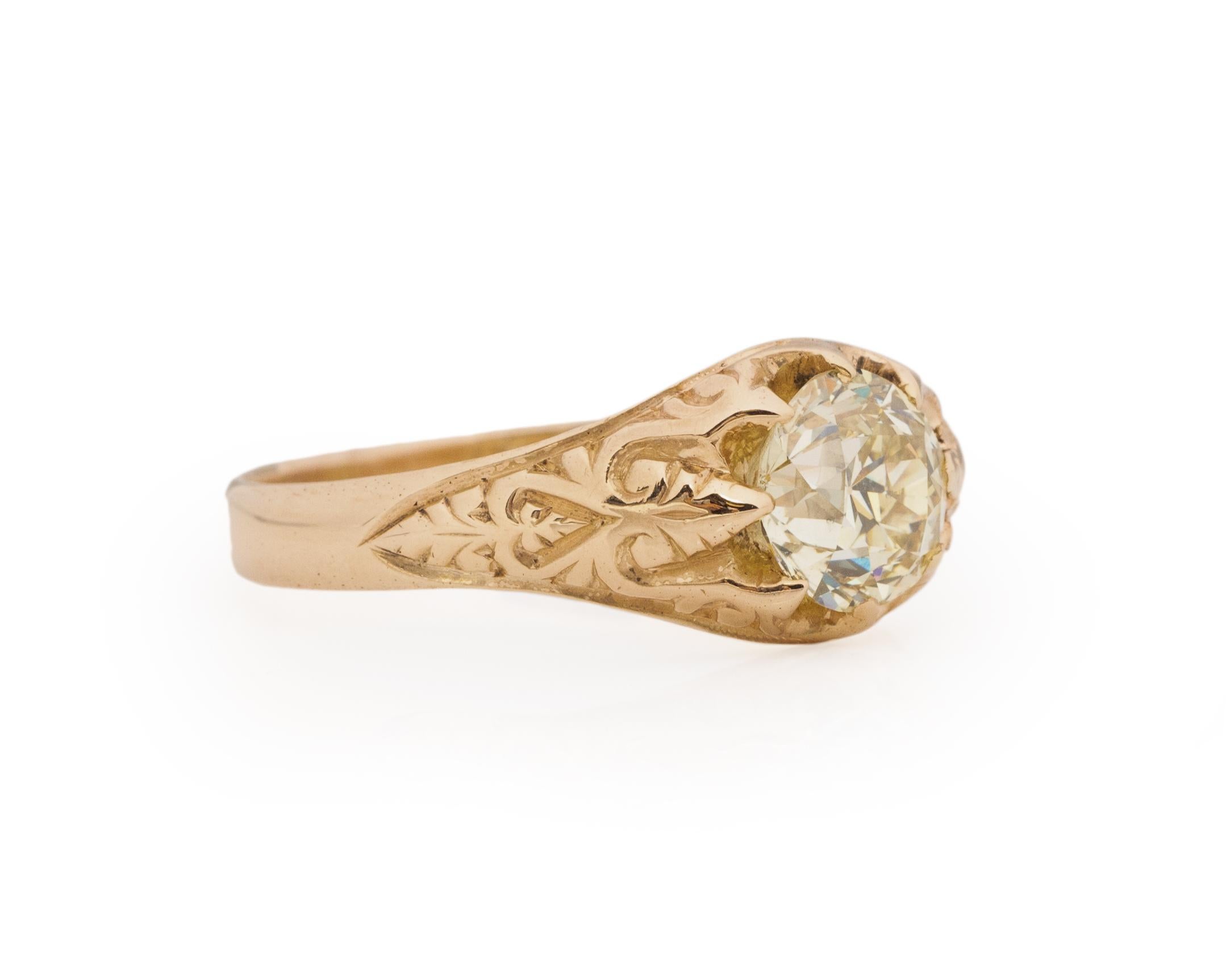 his stunning piece is crafted in 14K yellow gold, along the shanks leading up to the center is come effortlessly carved filigree details giving dimension to the overall piece. In the center we have a GIA graded Circular Brilliant 1.94Ct diamond,