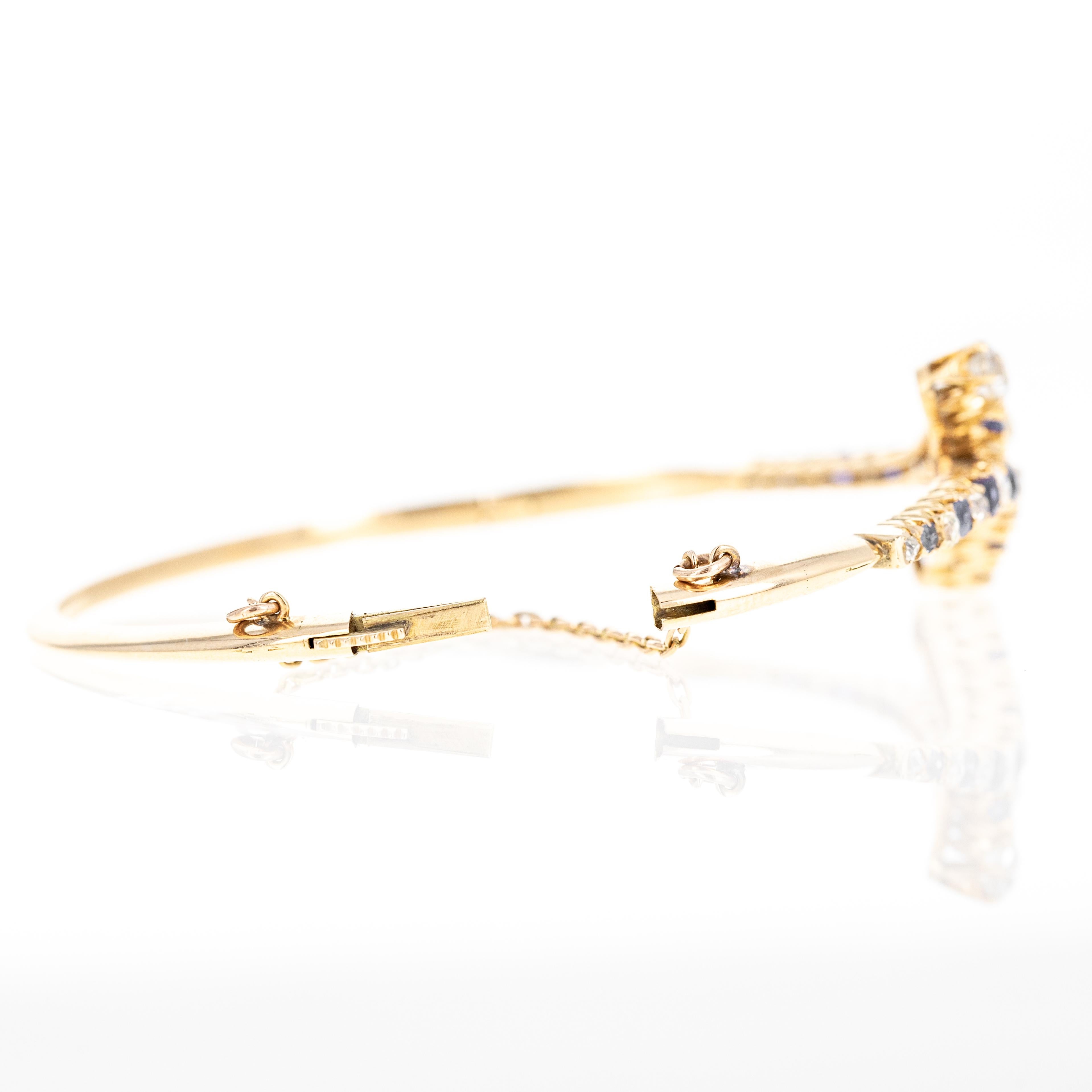 Victorian 14K Yellow Gold 2.5 Carat Old European Cut Diamond Sapphire Bangle In Excellent Condition For Sale In Cape May, NJ