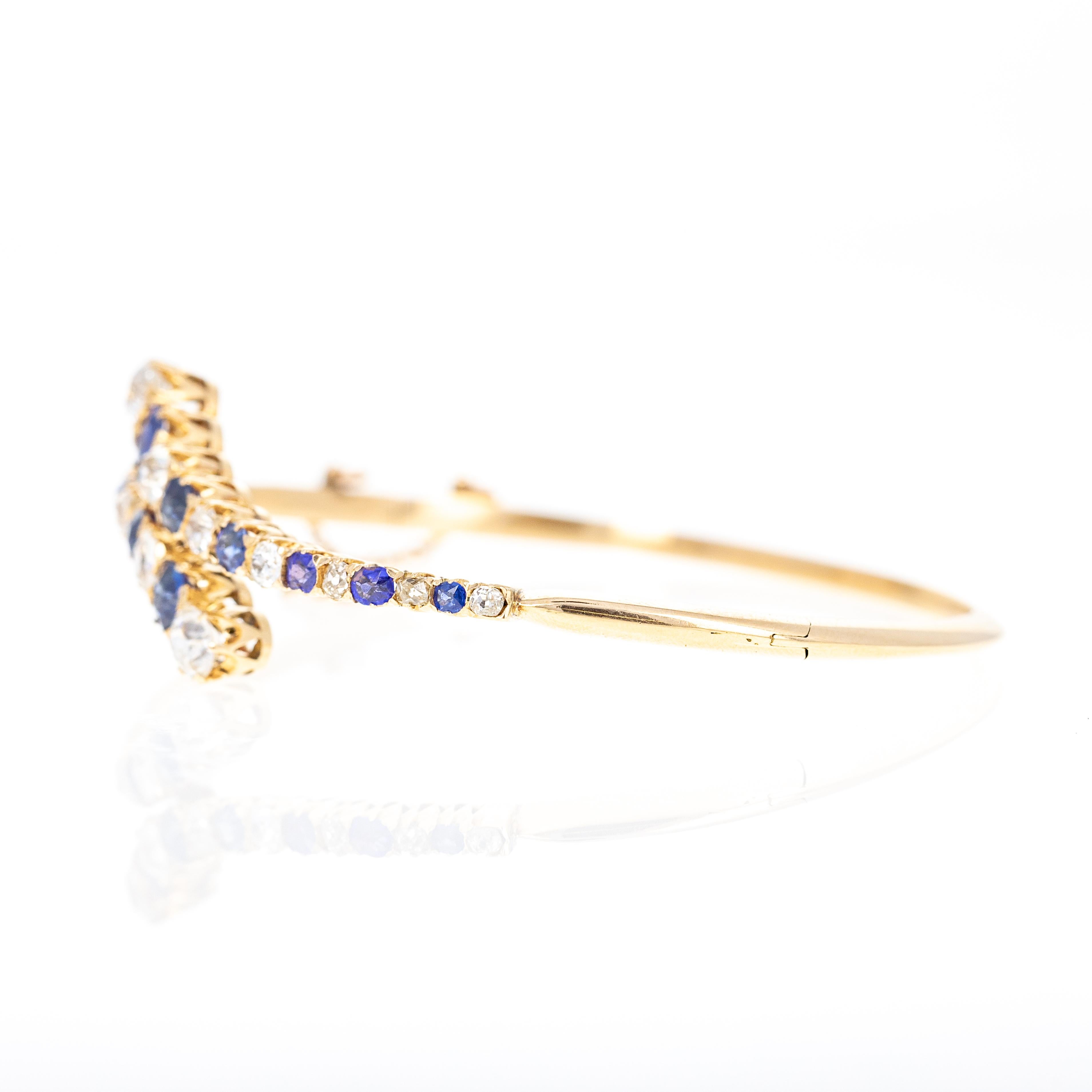 Victorian 14K Yellow Gold 2.5 Carat Old European Cut Diamond Sapphire Bangle For Sale 1