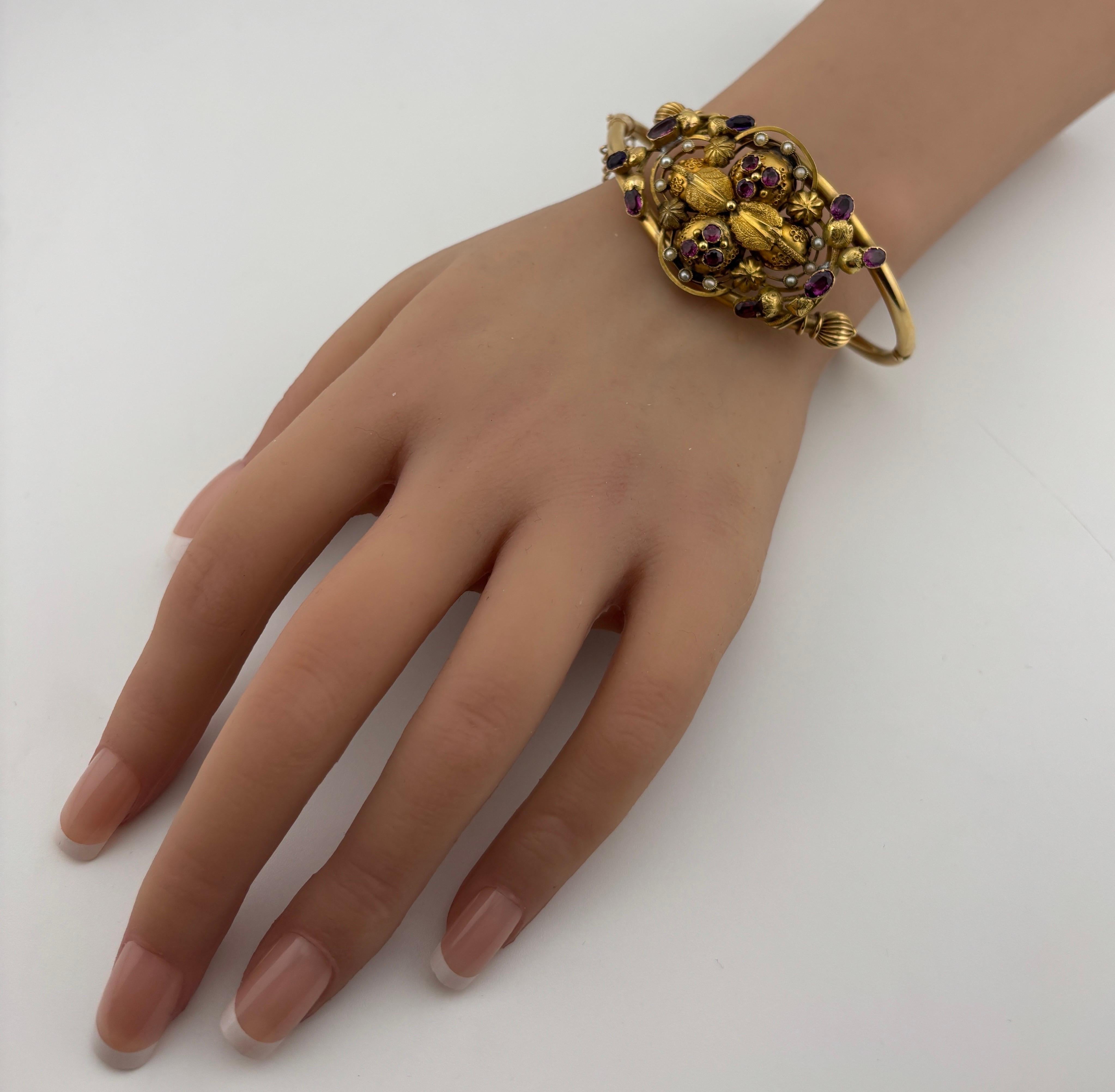 Victorian 14k Yellow Gold Amethyst, Garnet & Seed Pearl Bracelet For Sale 5