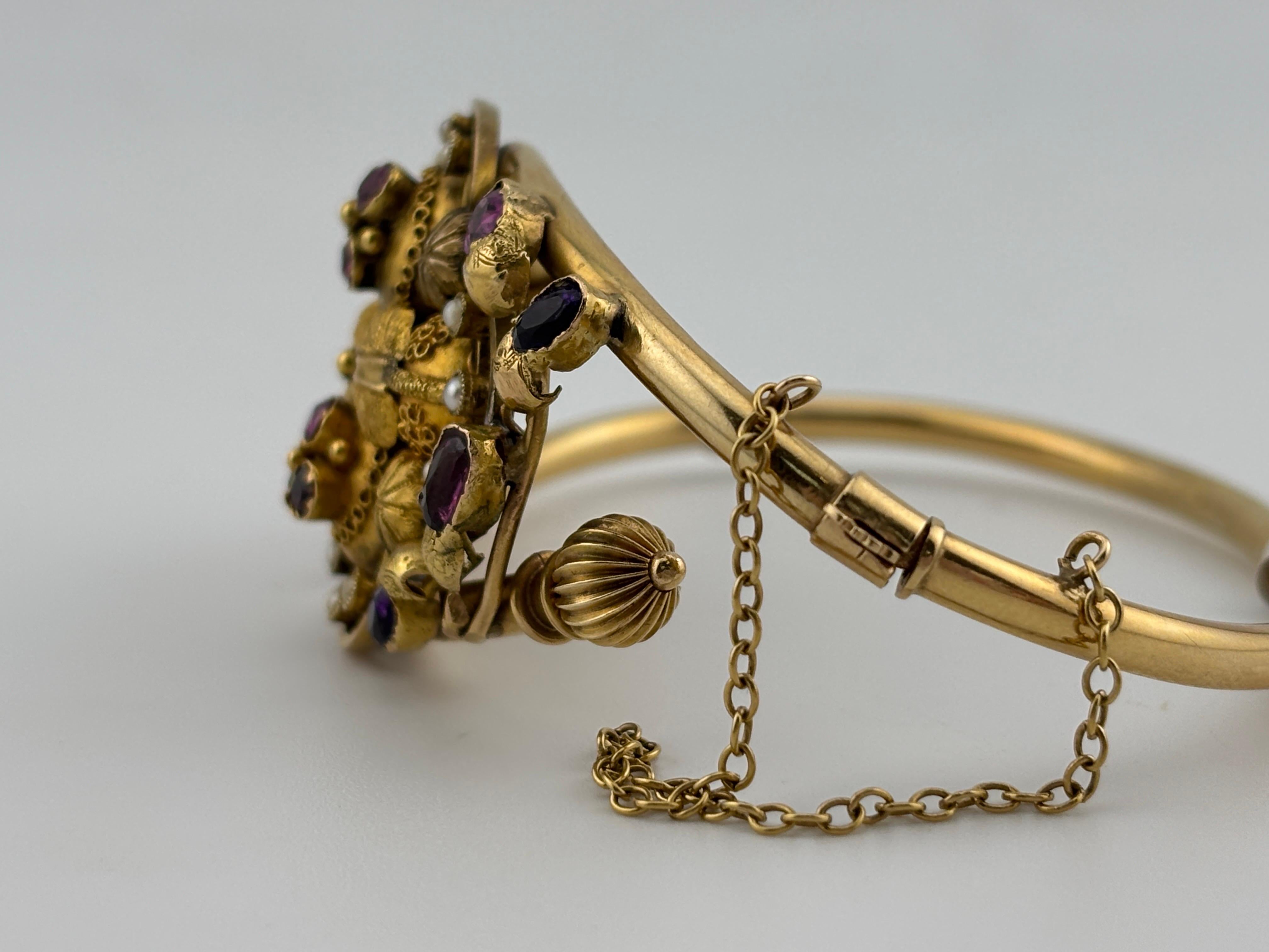 Victorian 14k Yellow Gold Amethyst, Garnet & Seed Pearl Bracelet For Sale 6
