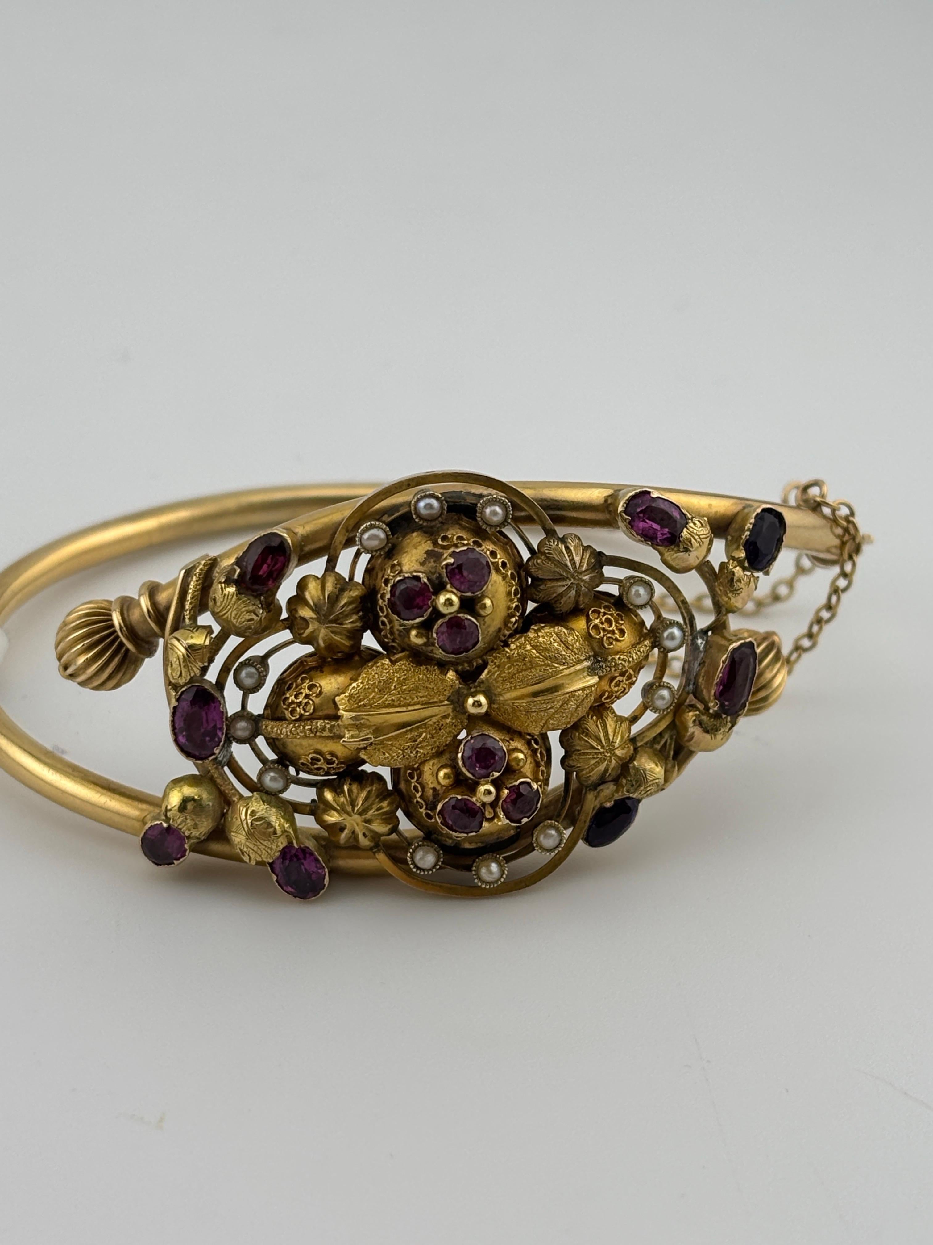 Victorian 14k Yellow Gold Amethyst, Garnet & Seed Pearl Bracelet For Sale 7