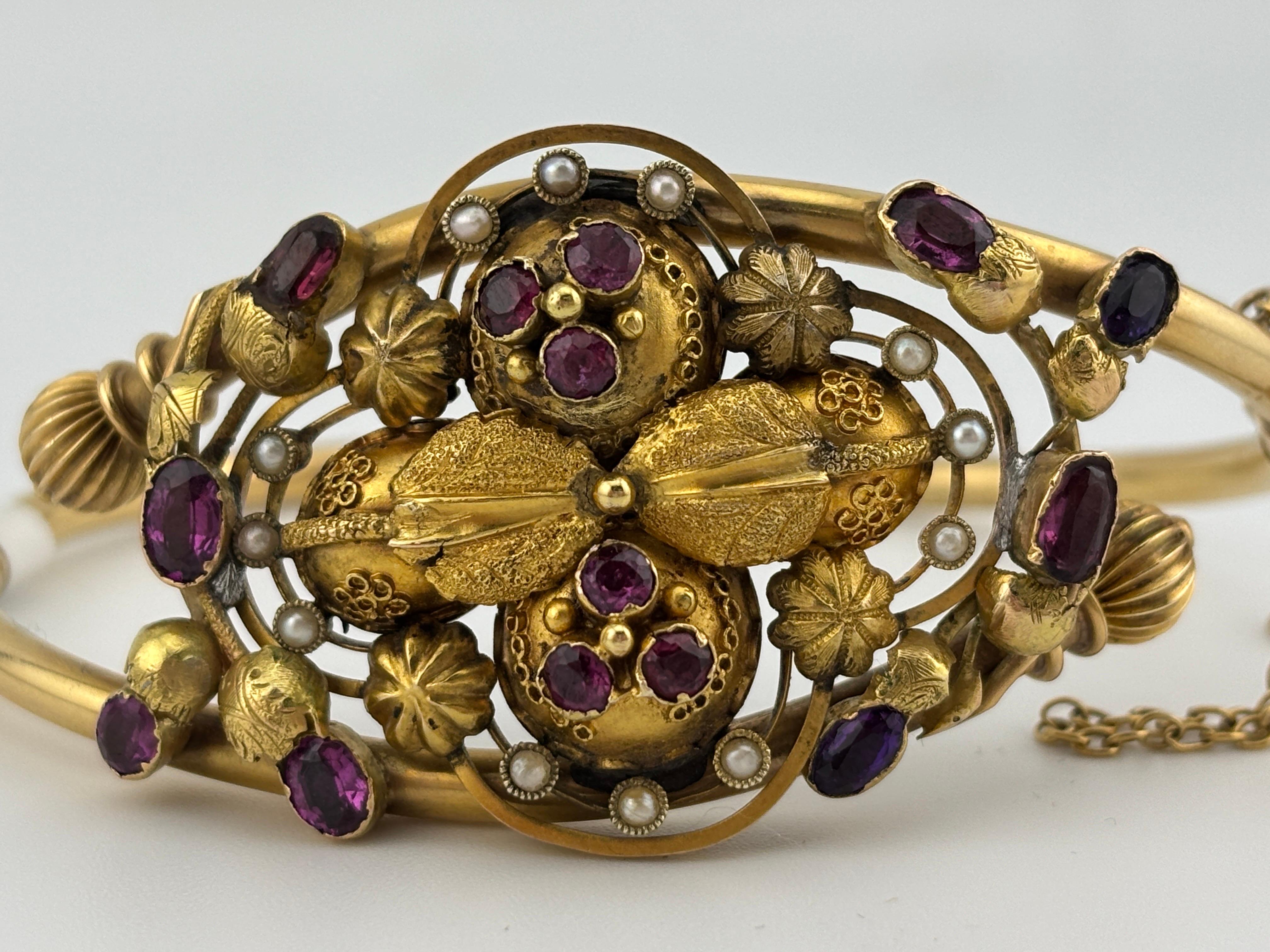 Round Cut Victorian 14k Yellow Gold Amethyst, Garnet & Seed Pearl Bracelet For Sale