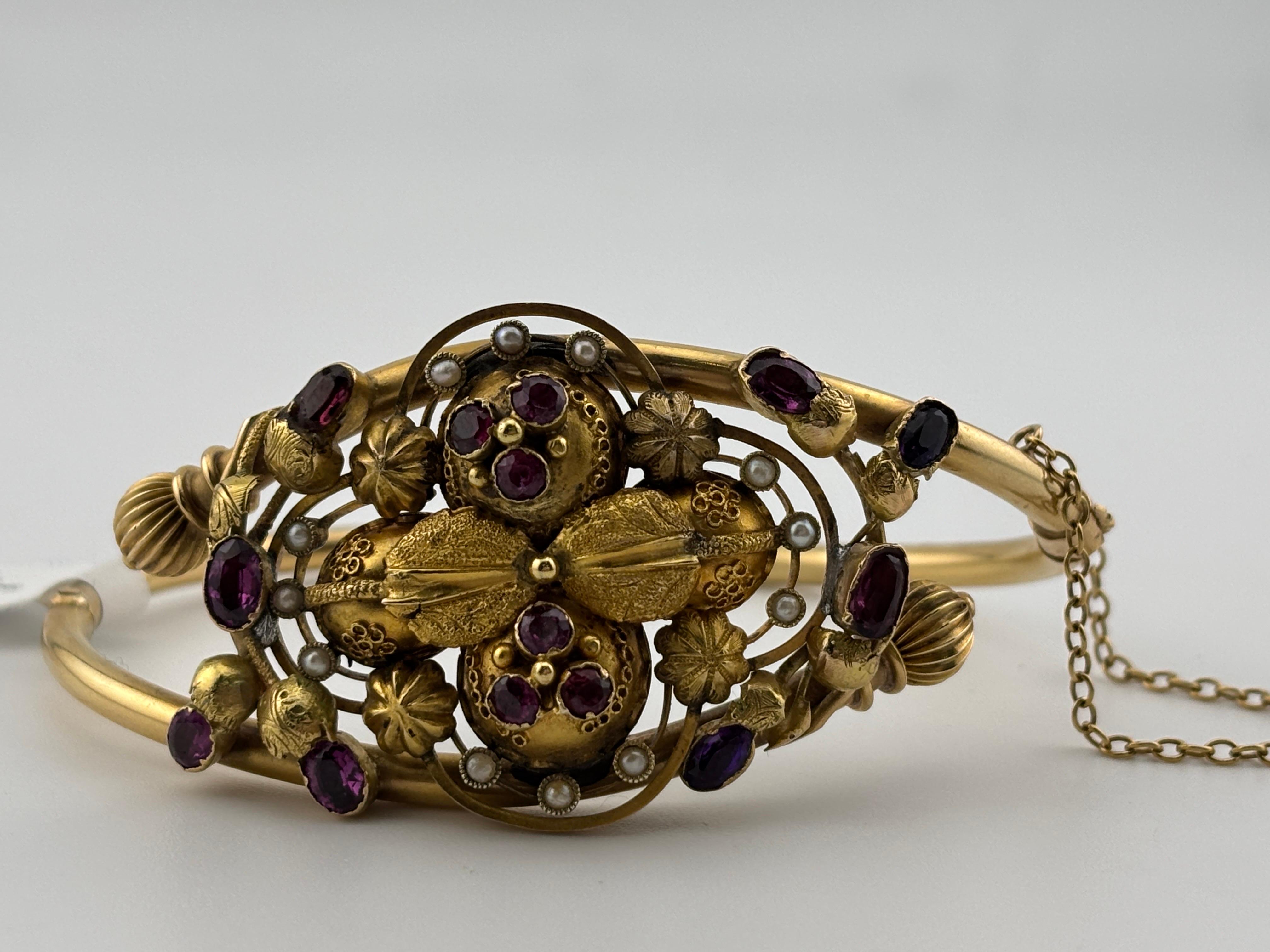 Victorian 14k Yellow Gold Amethyst, Garnet & Seed Pearl Bracelet In Good Condition For Sale In Bernardsville, NJ
