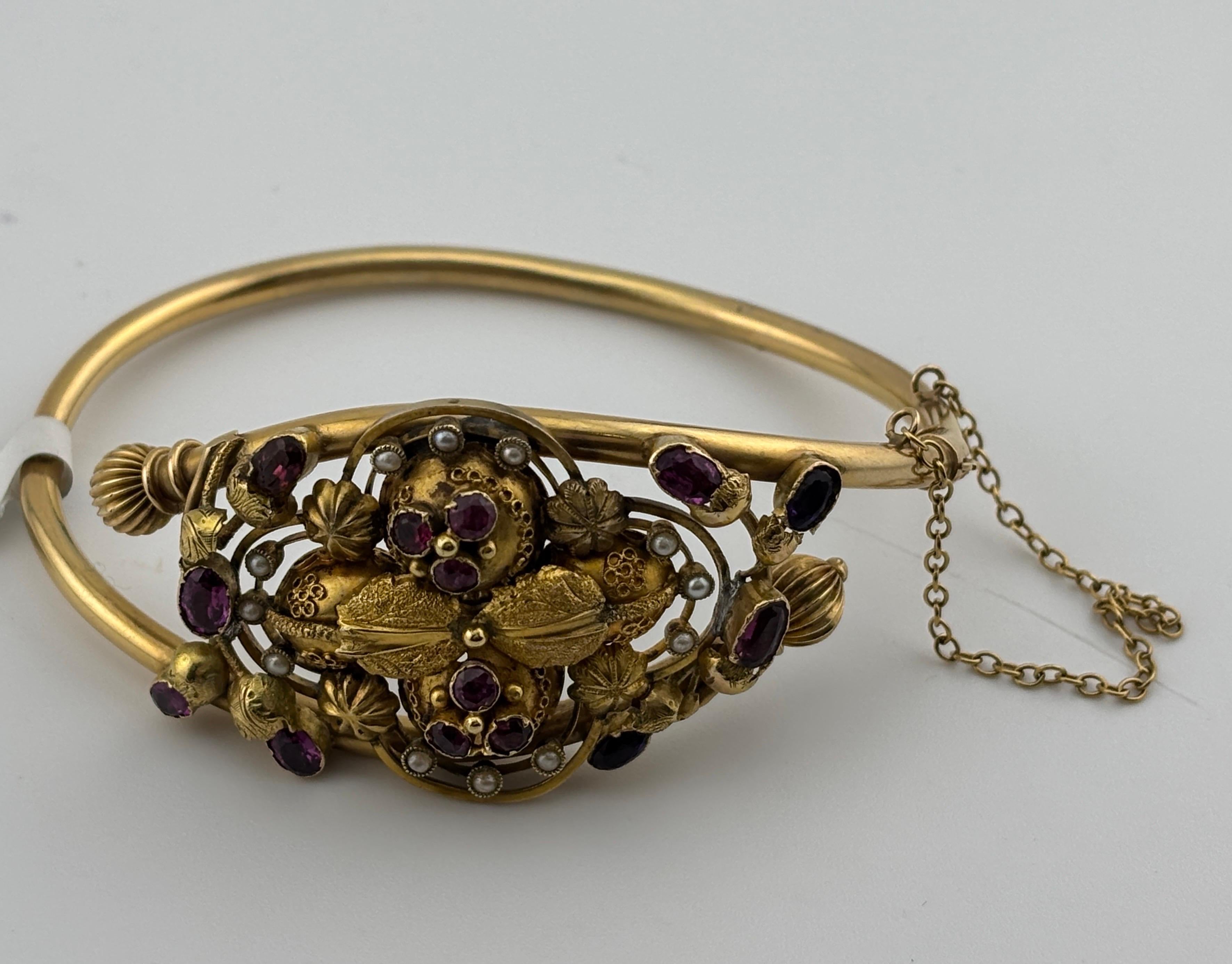 Victorian 14k Yellow Gold Amethyst, Garnet & Seed Pearl Bracelet For Sale 2