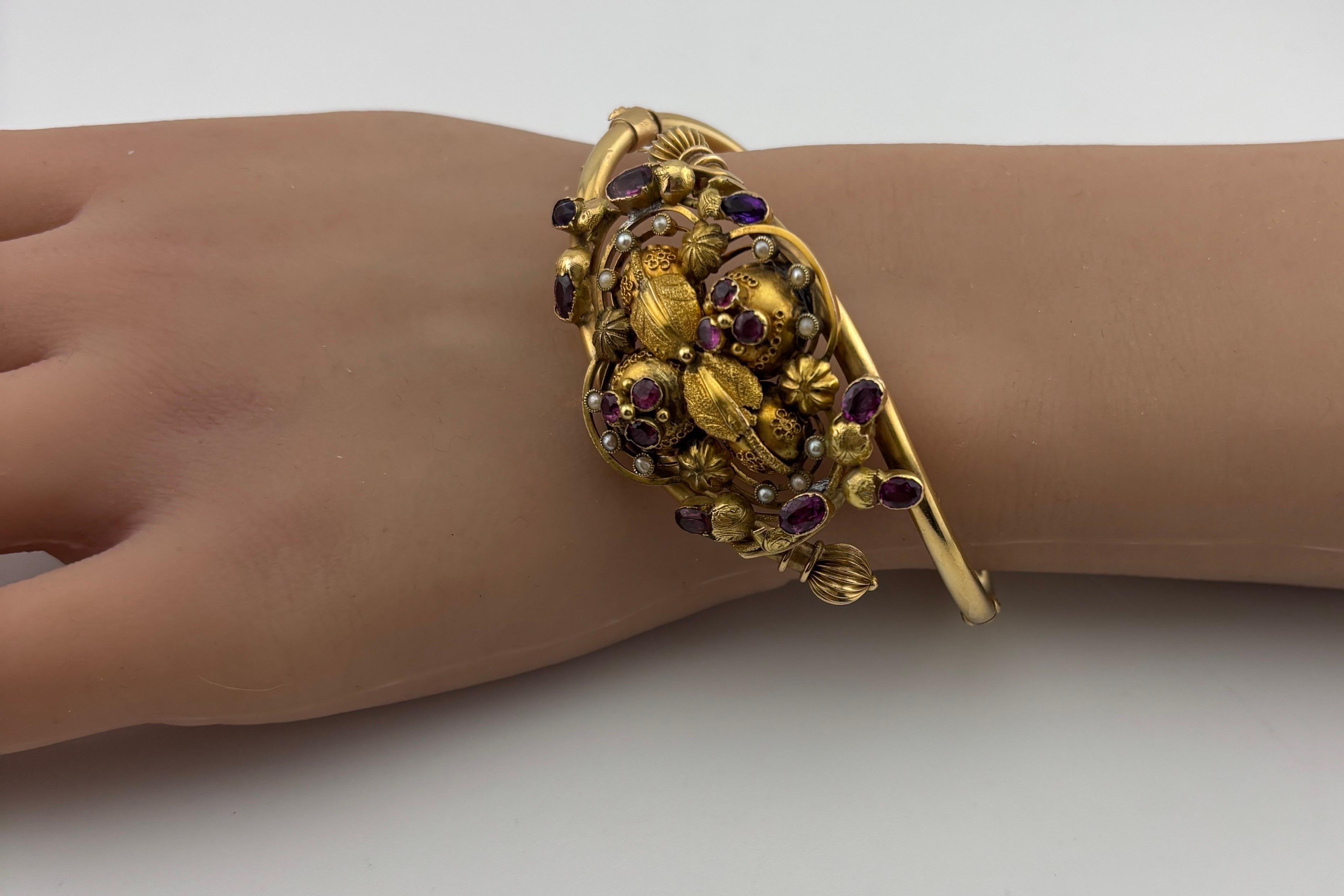 Victorian 14k Yellow Gold Amethyst, Garnet & Seed Pearl Bracelet For Sale 3