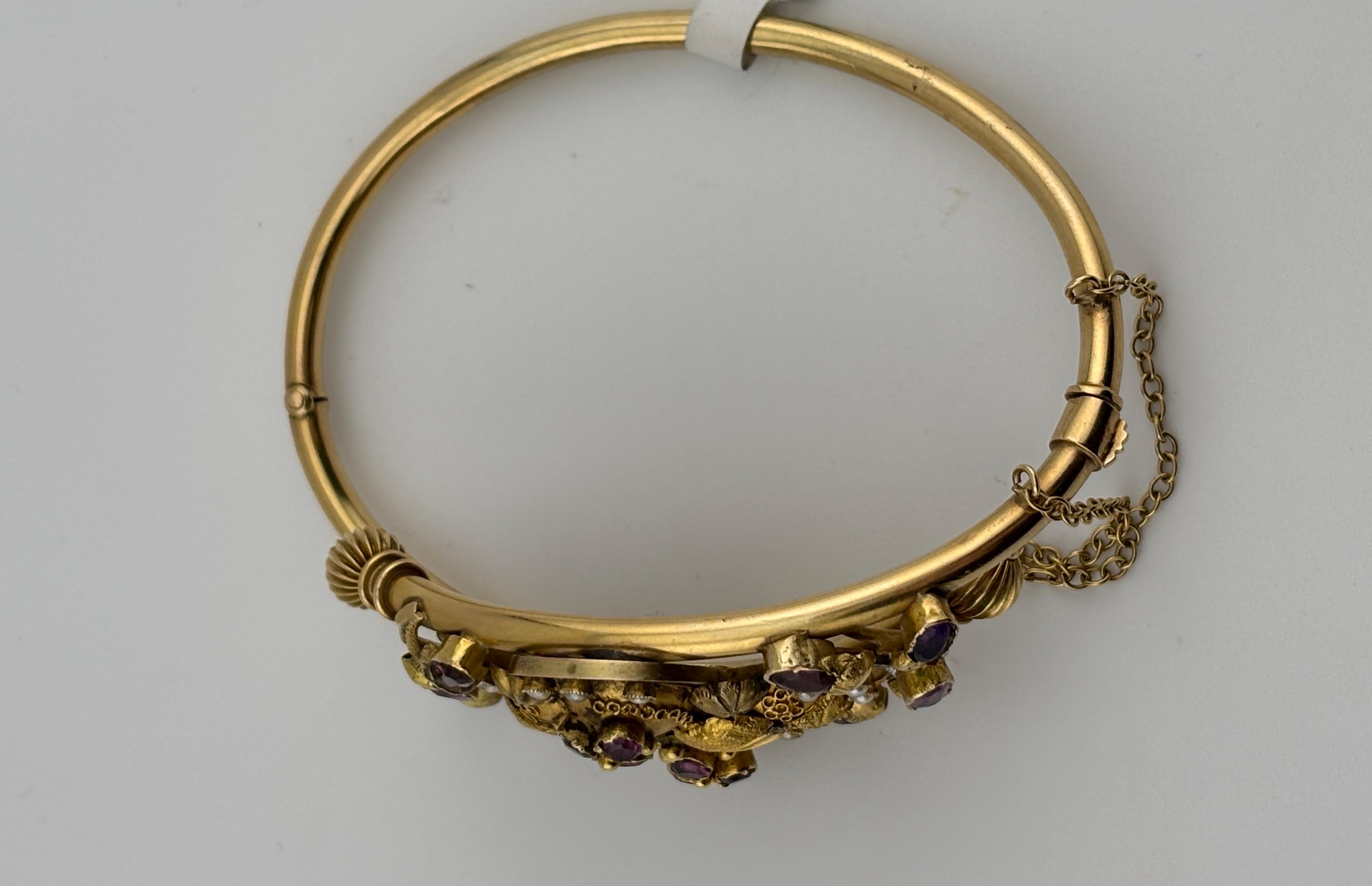 Victorian 14k Yellow Gold Amethyst, Garnet & Seed Pearl Bracelet For Sale 4