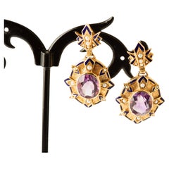 Viktorianische 14k Gelbgold Amethyst & Seed Pearl Ohrringe/Enamel