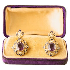 Victorian 14k Yellow Gold Amethyst & Seed Pearl Earrings/Enamel