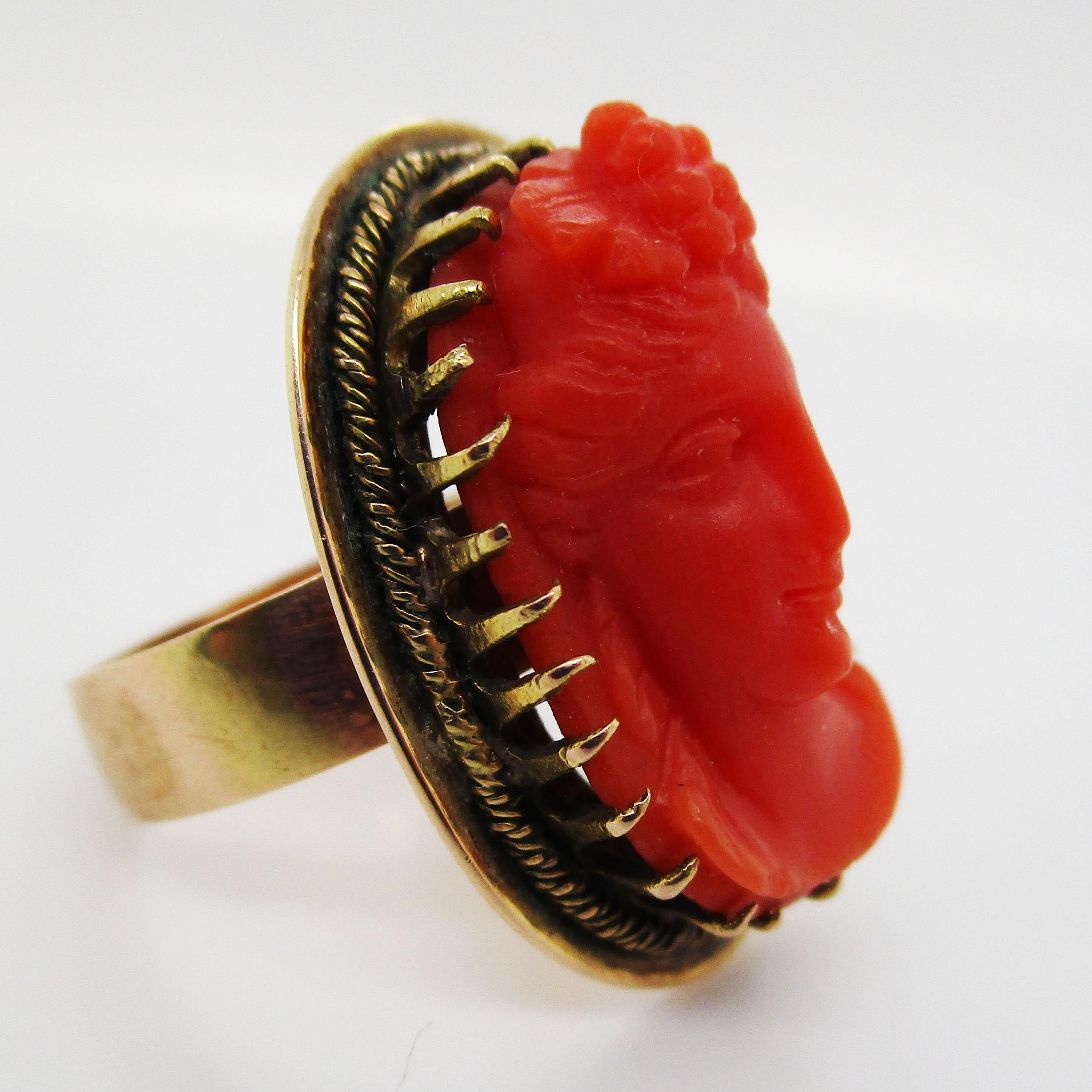 Uncut Victorian 14 Karat Yellow Gold and Undyed Red Coral Cameo Fashion Ring For Sale