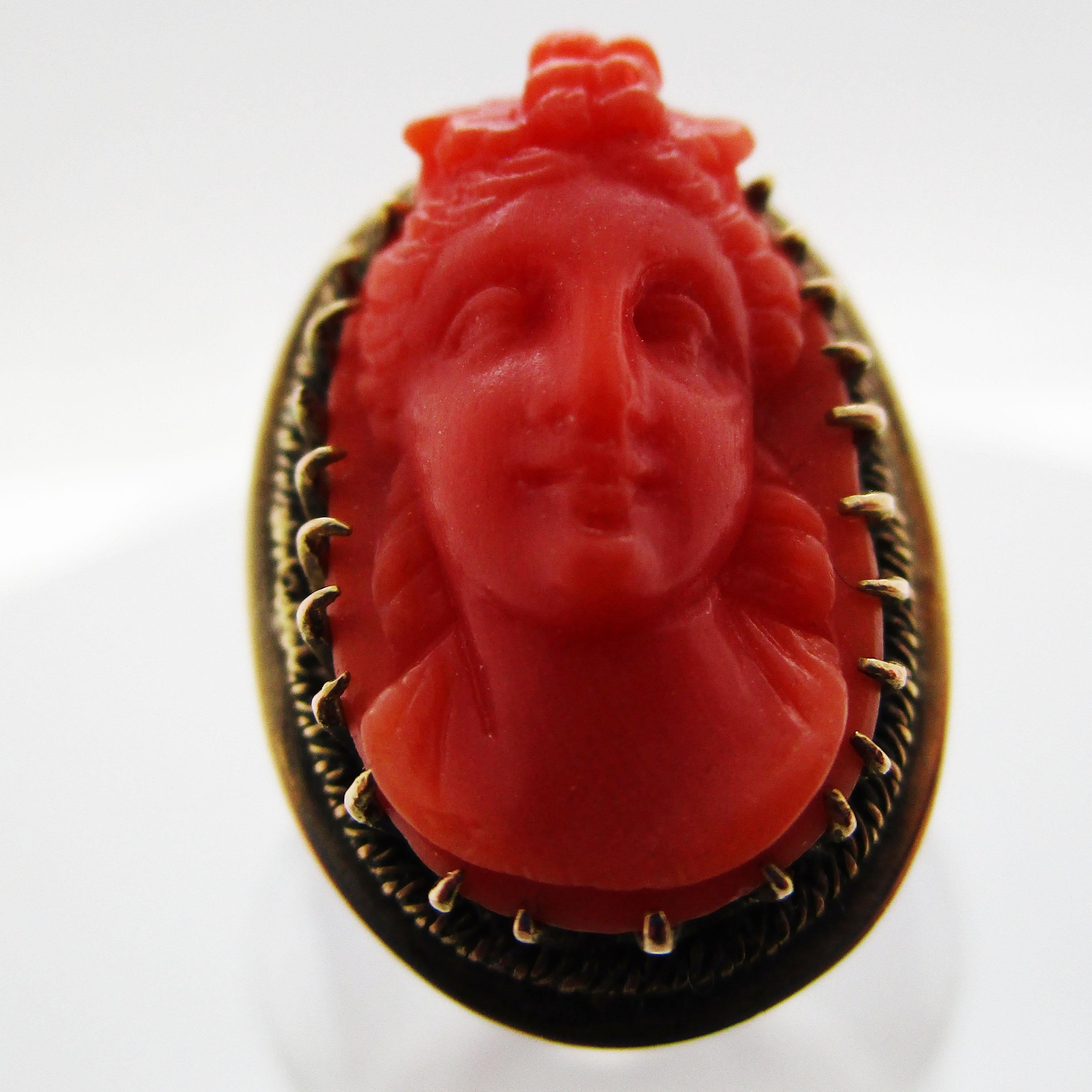 Victorian 14 Karat Yellow Gold and Undyed Red Coral Cameo Fashion Ring In Excellent Condition For Sale In Lexington, KY