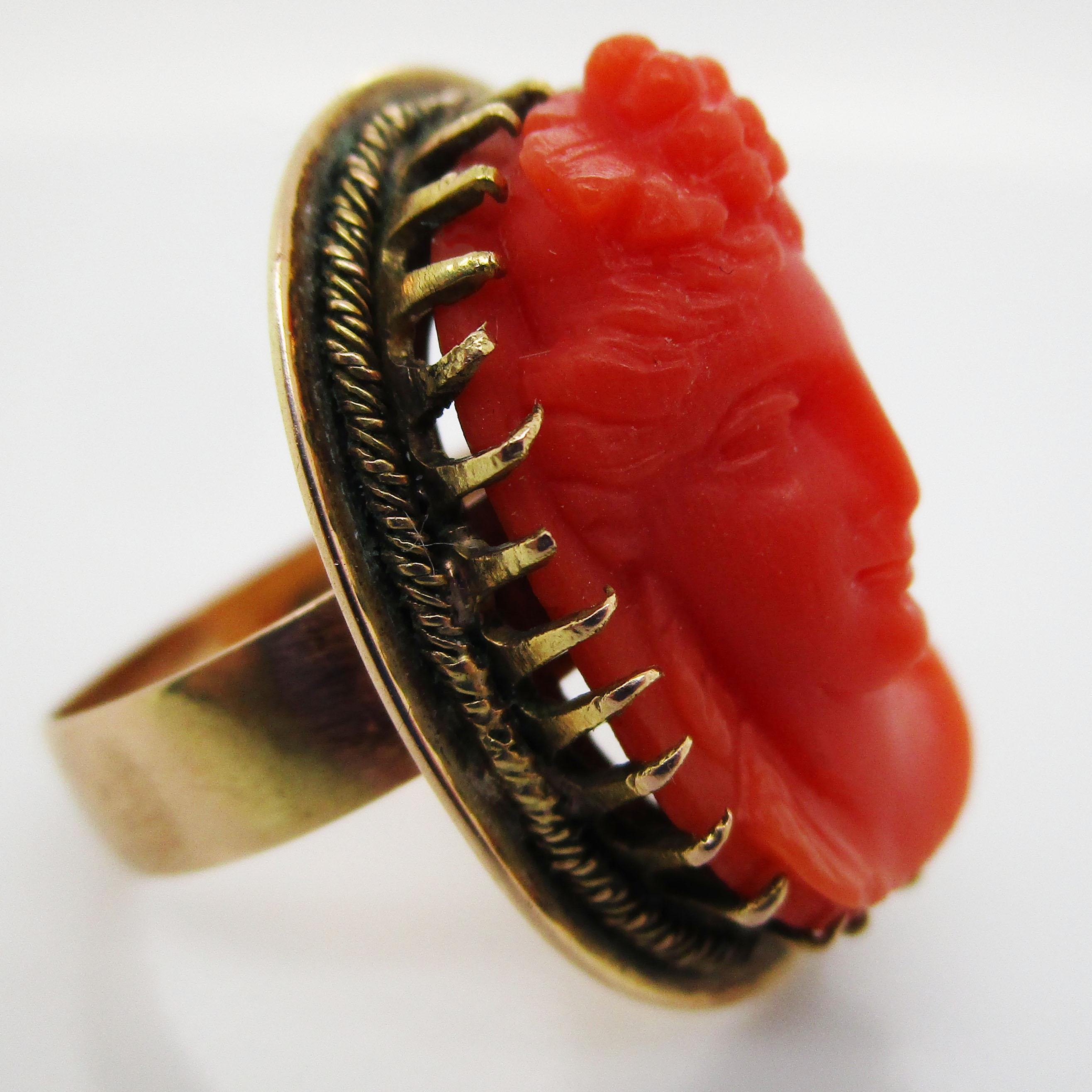 Women's or Men's Victorian 14 Karat Yellow Gold and Undyed Red Coral Cameo Fashion Ring For Sale