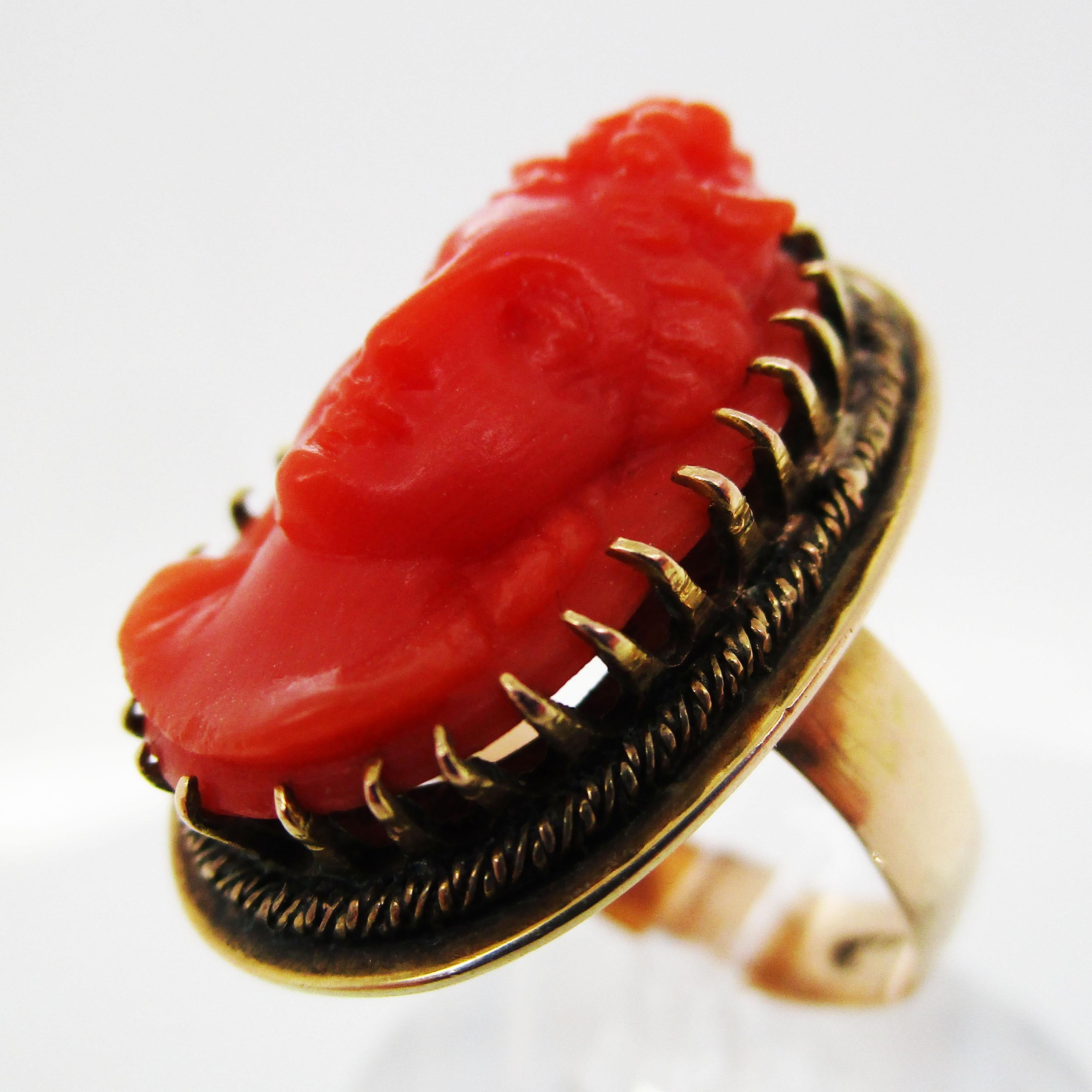 Victorian 14 Karat Yellow Gold and Undyed Red Coral Cameo Fashion Ring For Sale 1