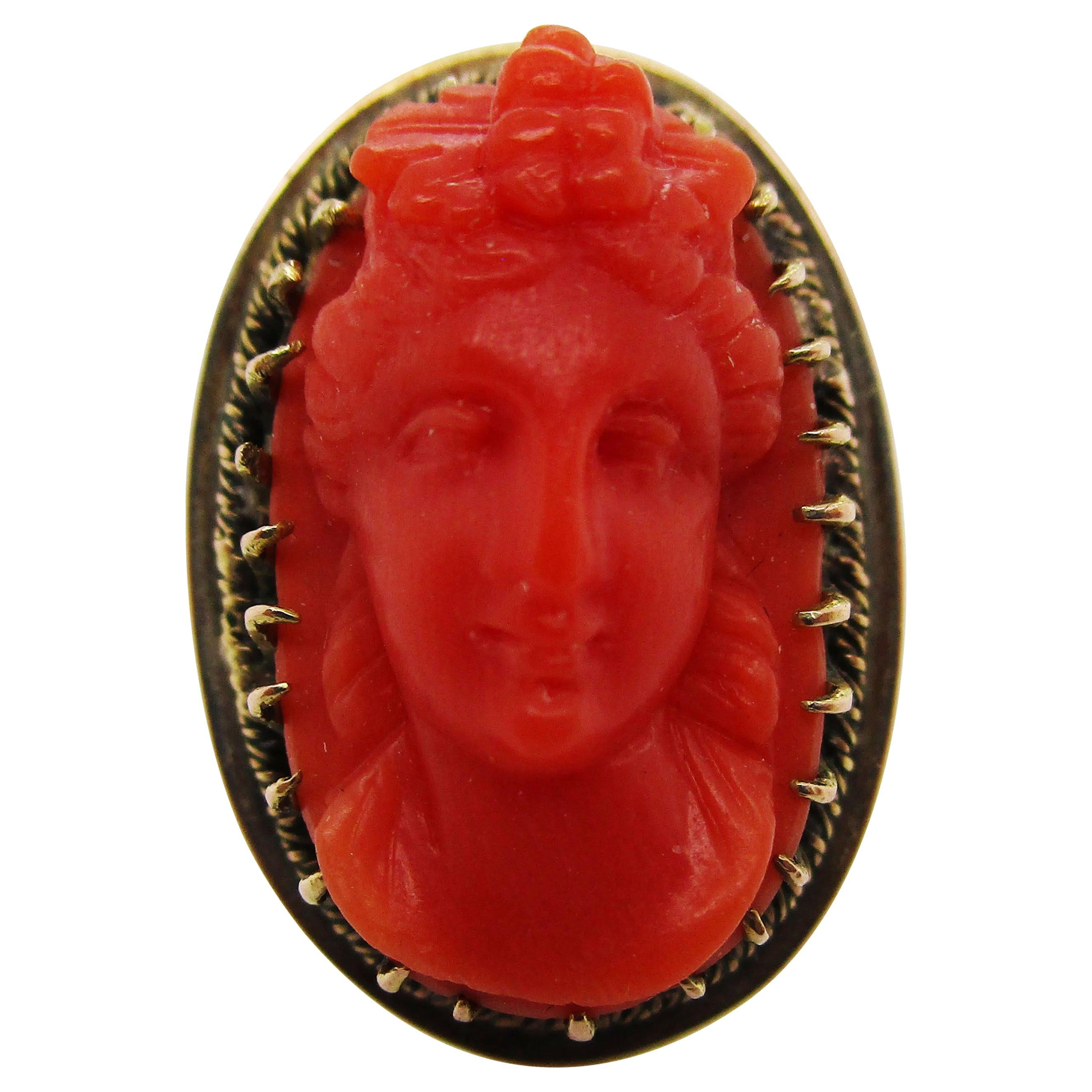 Victorian 14 Karat Yellow Gold and Undyed Red Coral Cameo Fashion Ring For Sale