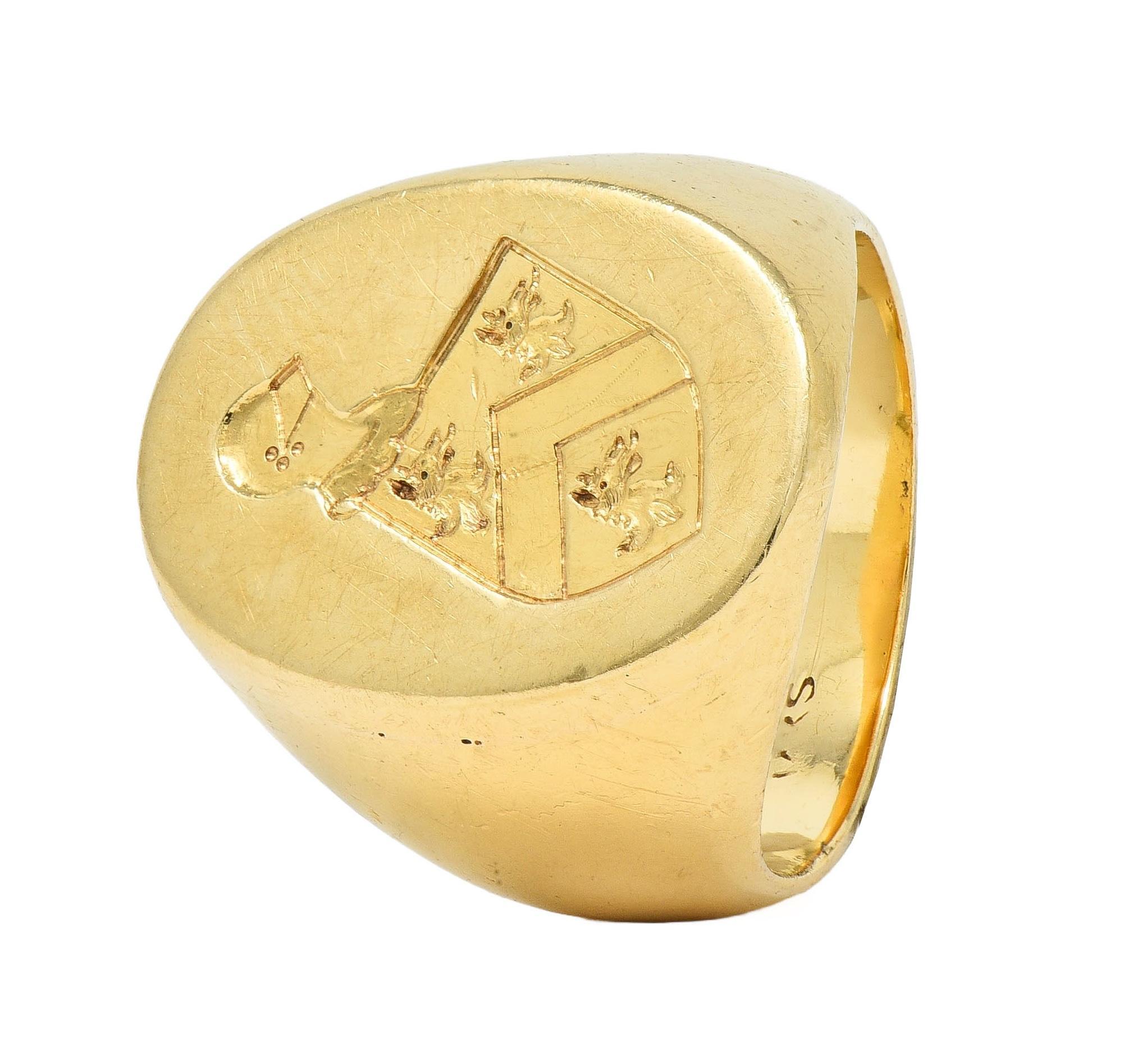 Victorian 14K Yellow Gold Antique Heraldic Crest Intaglio Unisex Signet Ring For Sale 6
