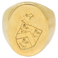 Anillo de sello unisex victoriano de oro amarillo de 14 quilates con cresta heráldica antigua calcografiada