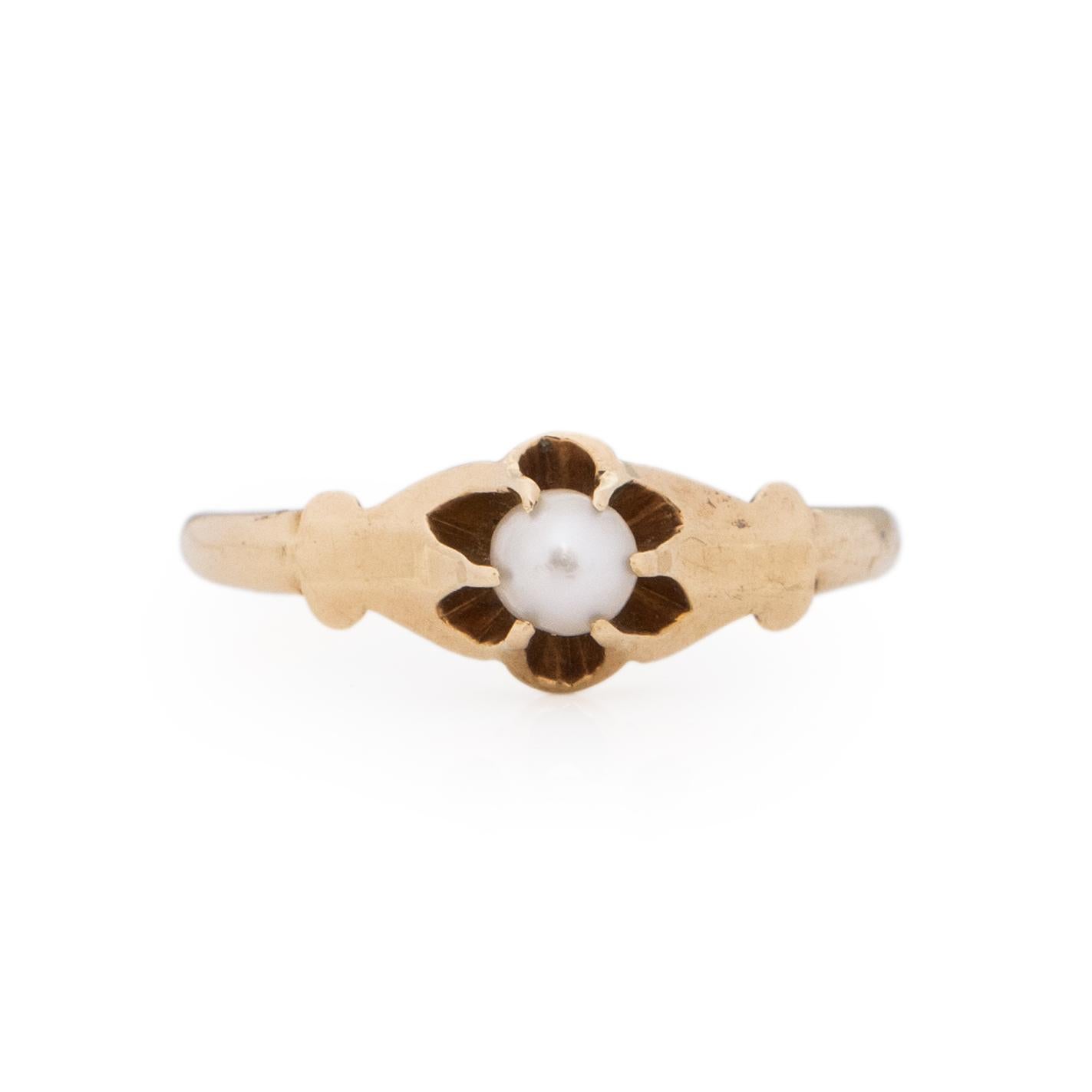 Here we have a cute solitaire pearl, blecher style from the Victorian era. This dainty piece is crafted in 14K yellow gold with very minimal detail, this allows the focus to be the pearl center. The small tapering details of the shank lead to the