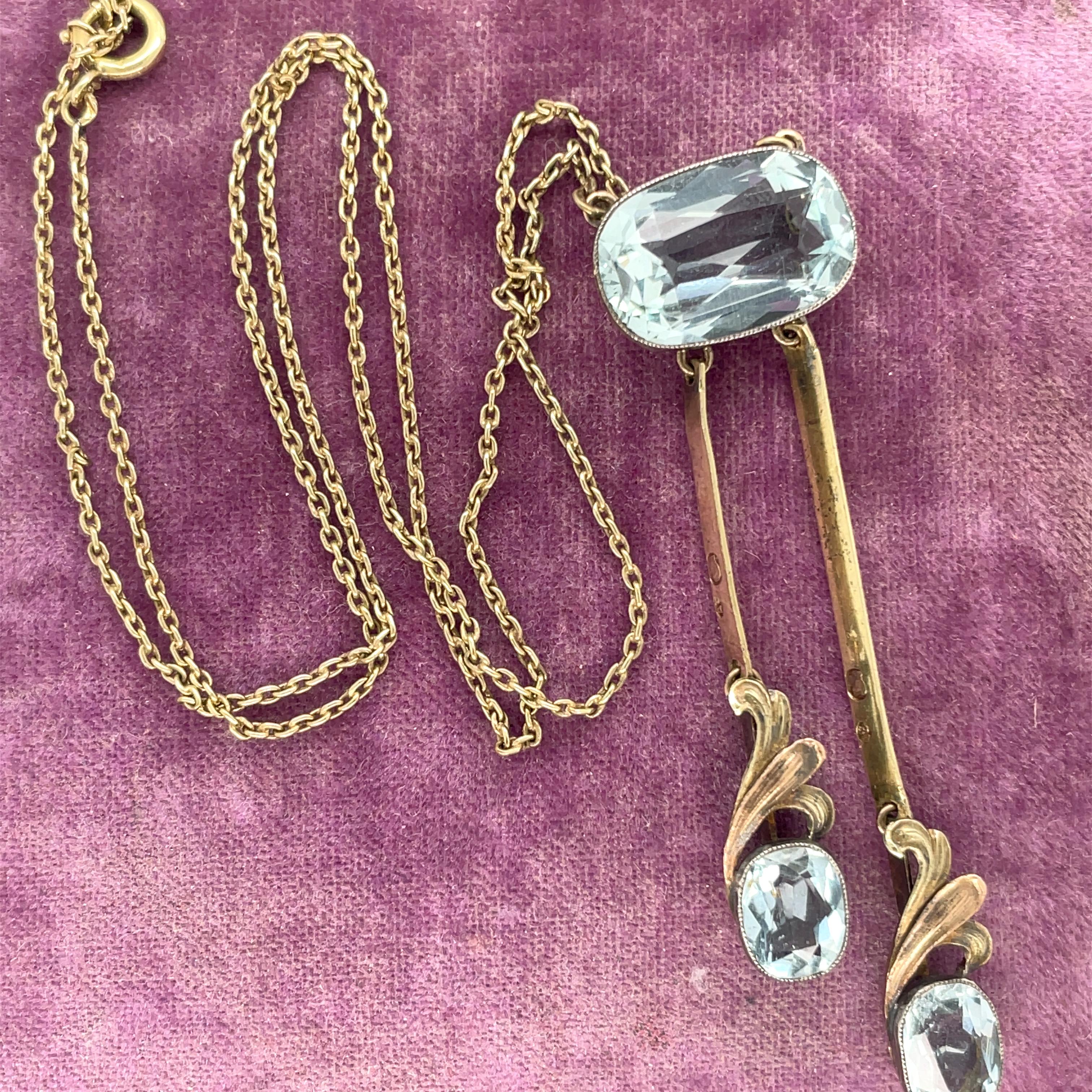 Women's or Men's Victorian 14K Yellow Gold Bezel Set Aquamarine Drop Necklace For Sale