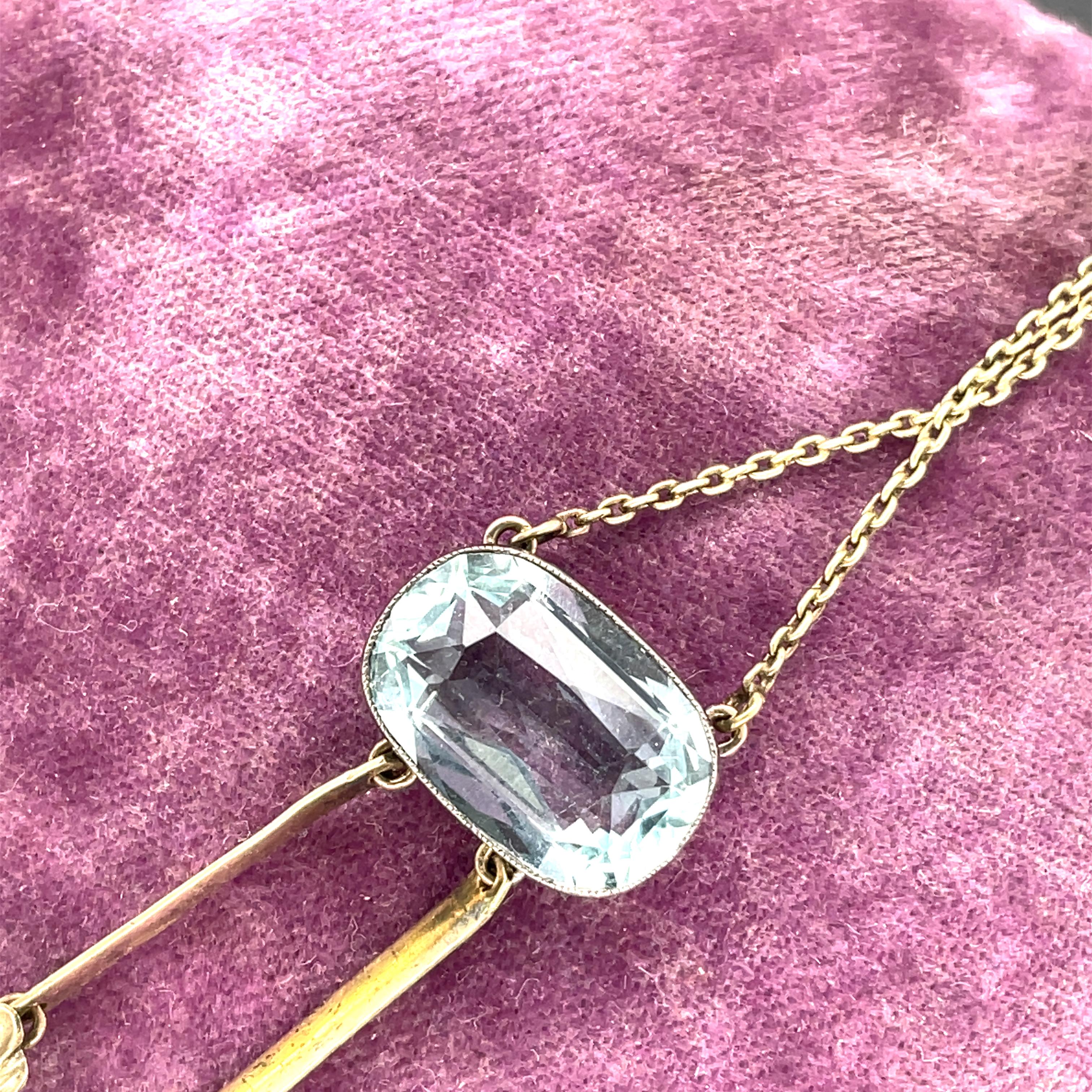 Victorian 14K Yellow Gold Bezel Set Aquamarine Drop Necklace For Sale 1