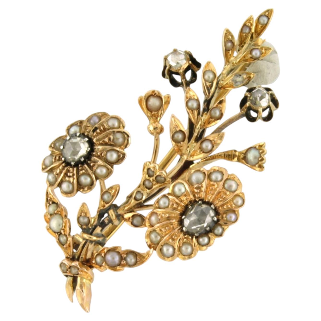 Victorian 14k Yellow Gold Branch Brooch with Pearls & Rose Diamonds