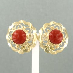 Victorian 14k Yellow Gold Coral Clip-On Earrings, Netherlands, 1870