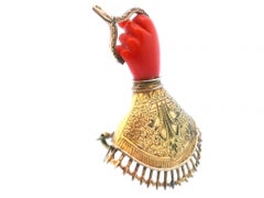 Victorian 14k Yellow Gold Coral Hand Mano Figa Brooch/Hook