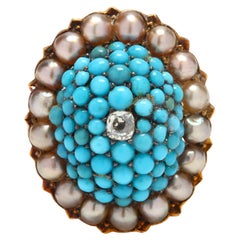 Victorian 14k Yellow Gold Diamond & Turquoise Bombe Ring