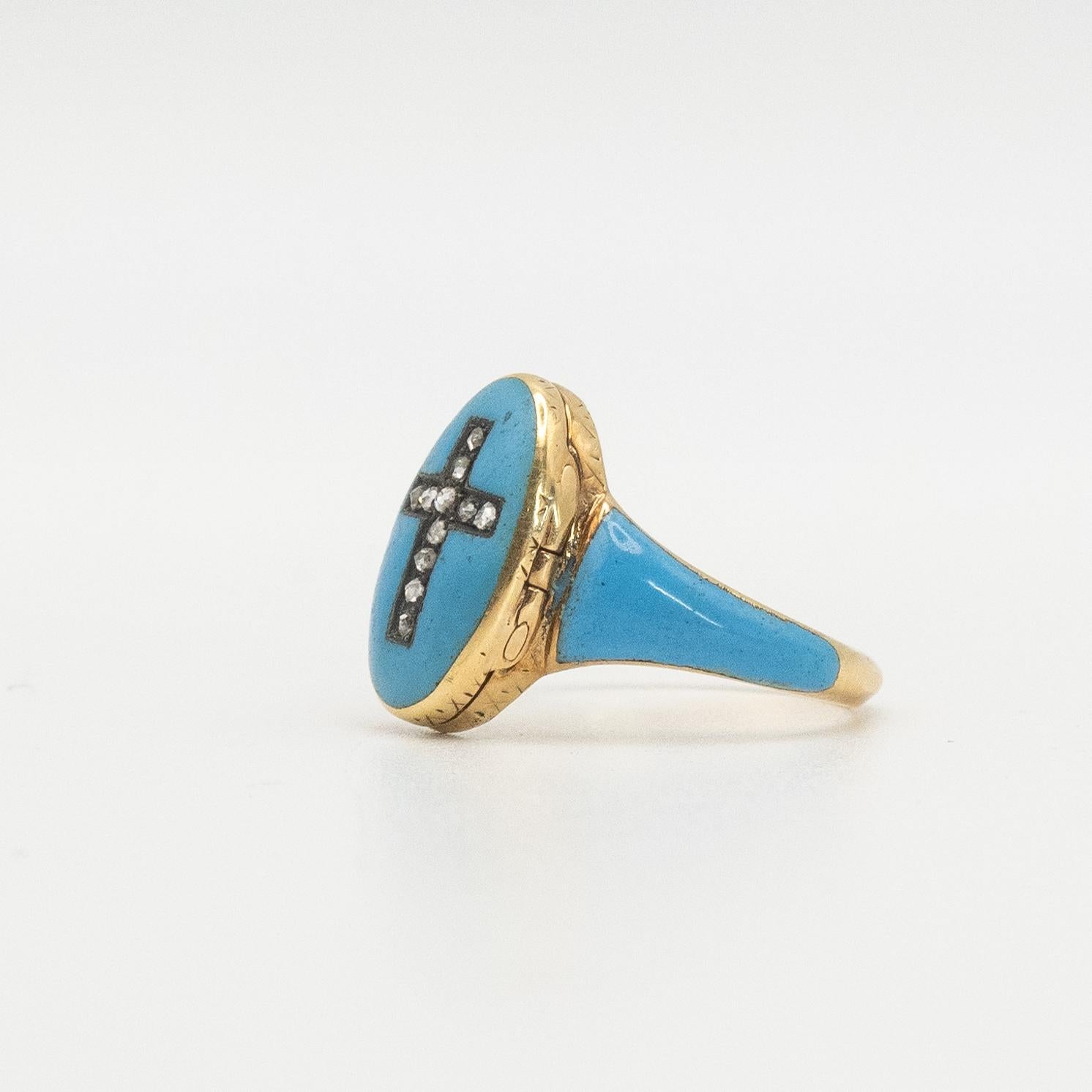 Victorian 14K Yellow Gold Enamel Memorial Diamond Cross Locket Ring For Sale 1