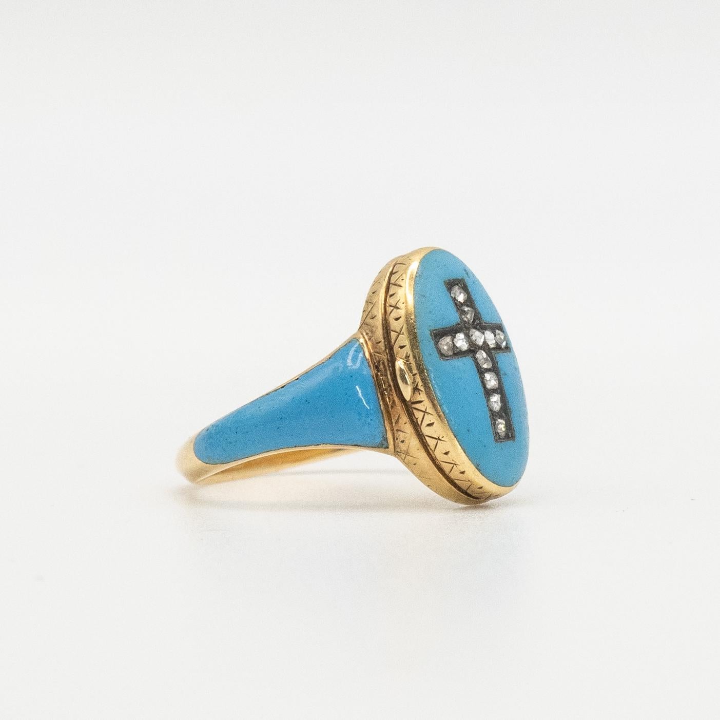 Women's Victorian 14K Yellow Gold Enamel Memorial Diamond Cross Locket Ring For Sale
