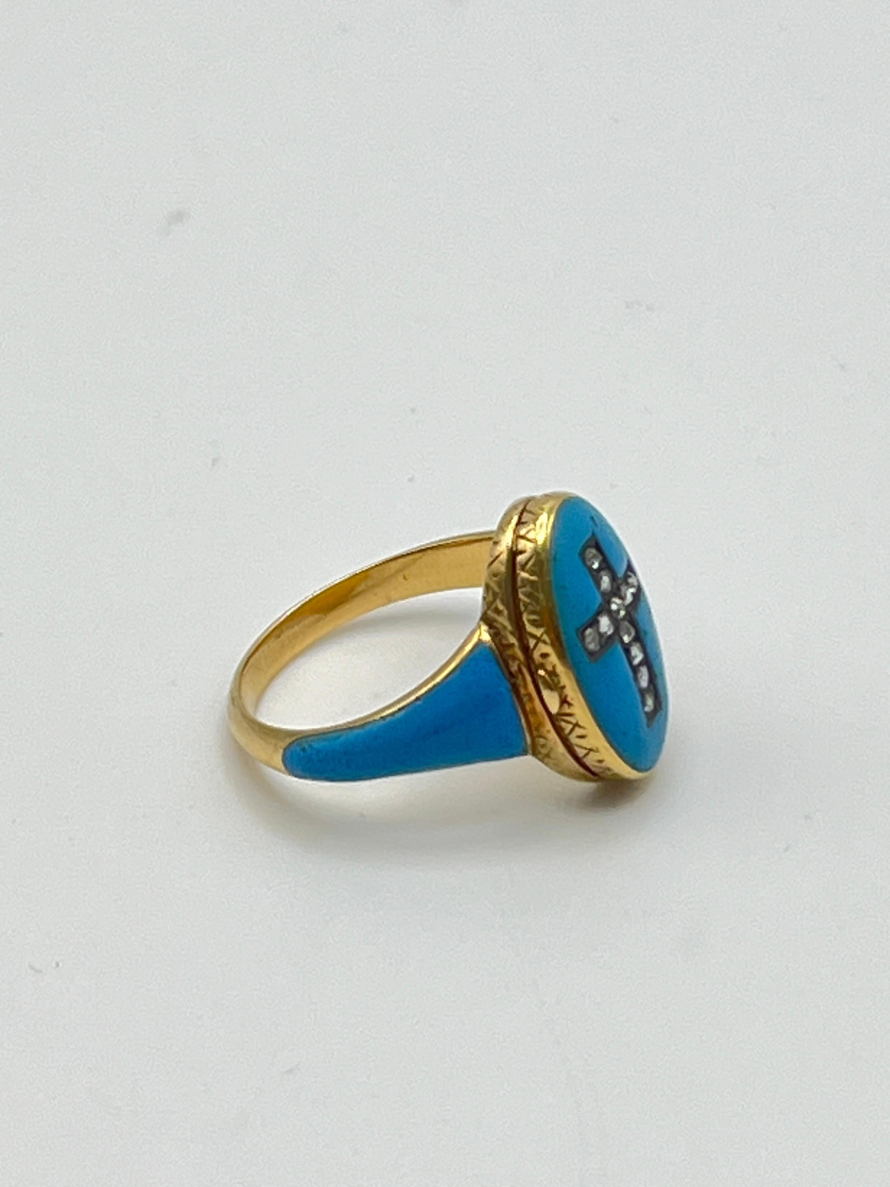 Victorian 14K Yellow Gold Enamel Memorial Diamond Cross Locket Ring For Sale 4