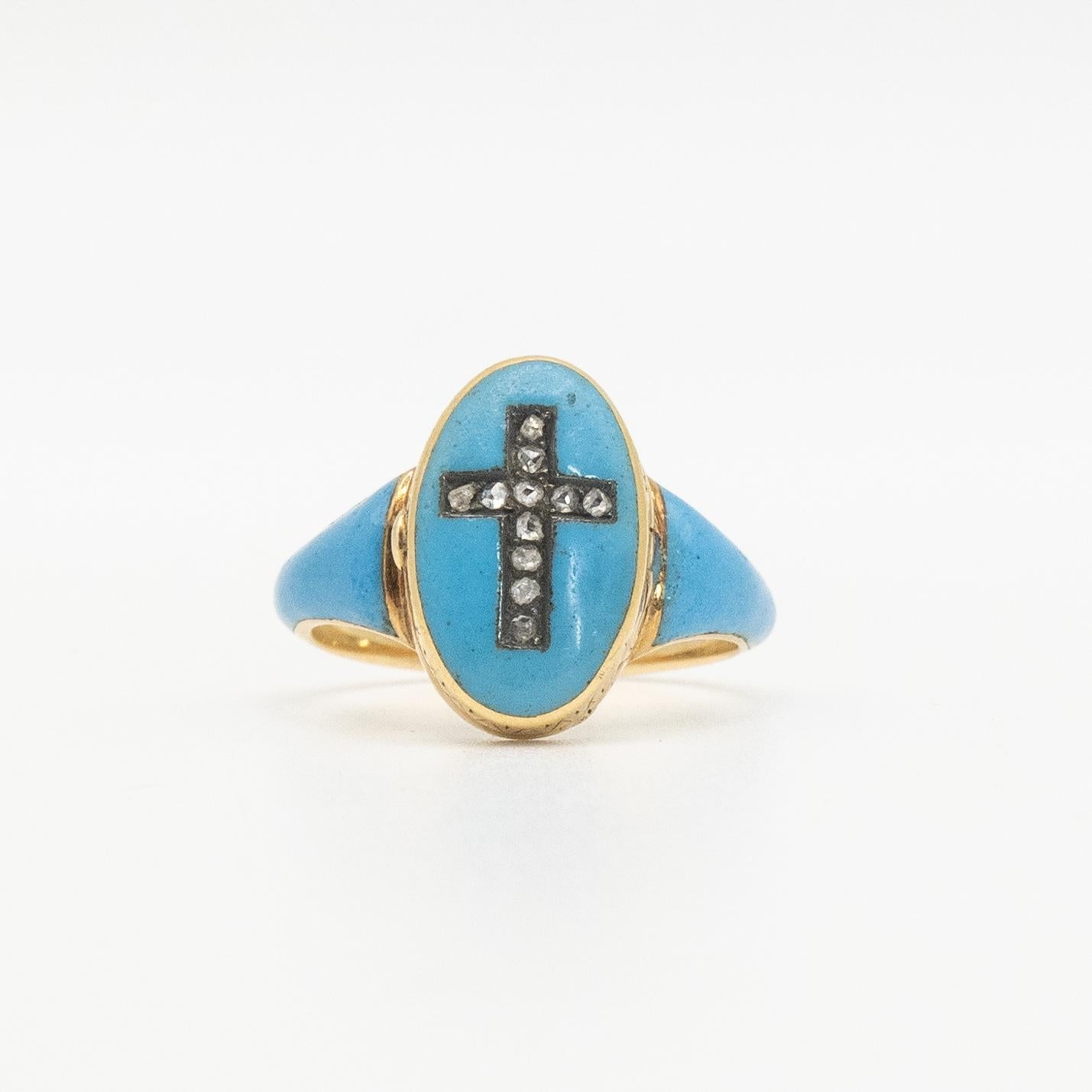 Rose Cut Victorian 14K Yellow Gold Enamel Memorial Diamond Cross Locket Ring For Sale